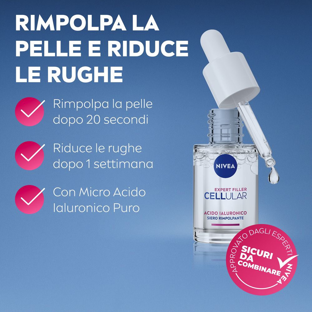 Prodotto con pipetta e testo. Testo: Rimpola la pelle e riduce le rughe. Con Micro Acido Ialuronico Puro.