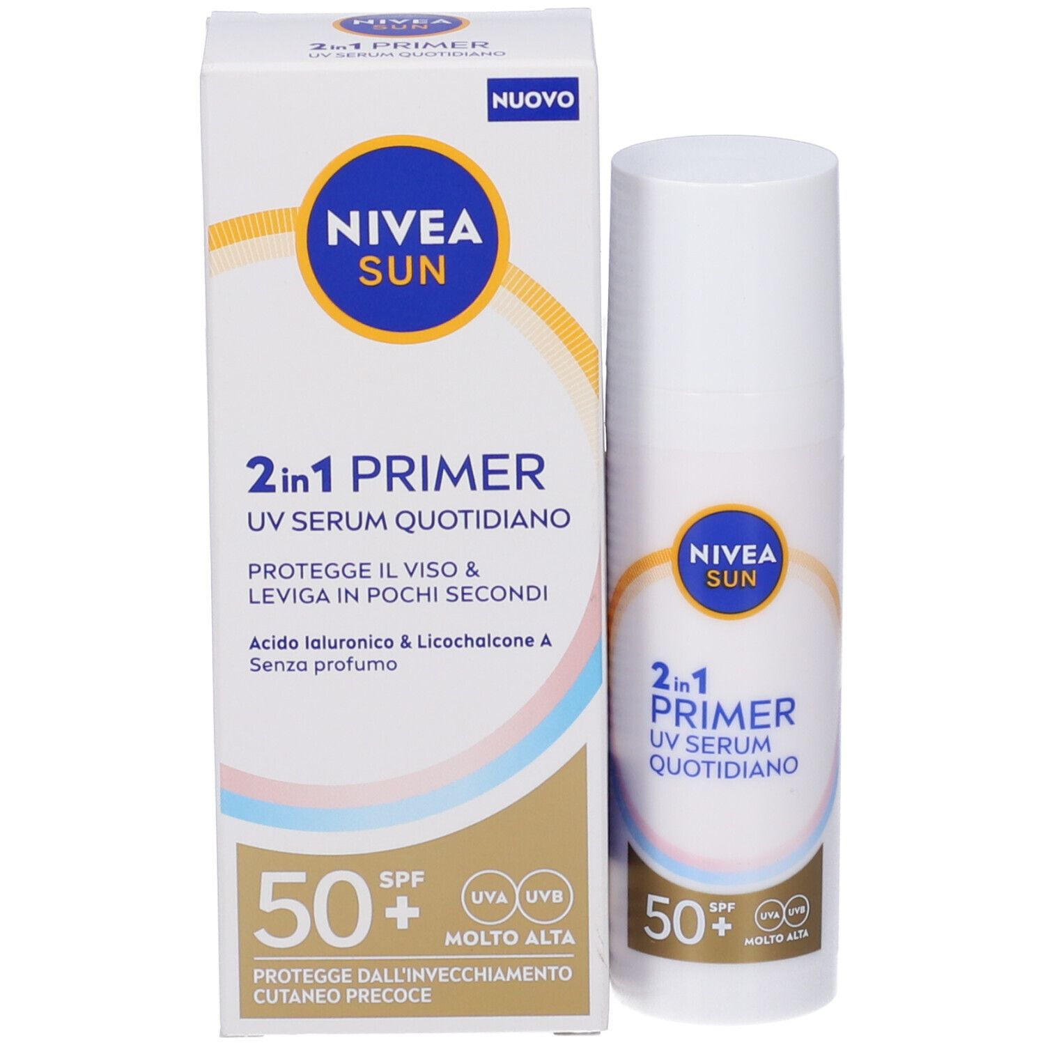 Siero Nivea Sun 2in1 Primer UV, SPF 50+, con confezione. Siero bianco in flacone e scatola. Testo: 2in1 Primer, UV Serum.