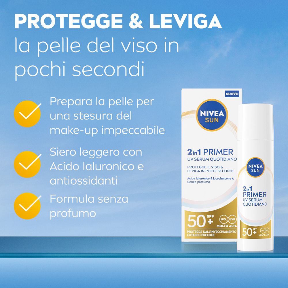 Prodotto e confezione Nivea Sun 2in1 Primer UV Serum. Testo: Protegge e leviga la pelle del viso in pochi secondi. SPF 50+.
