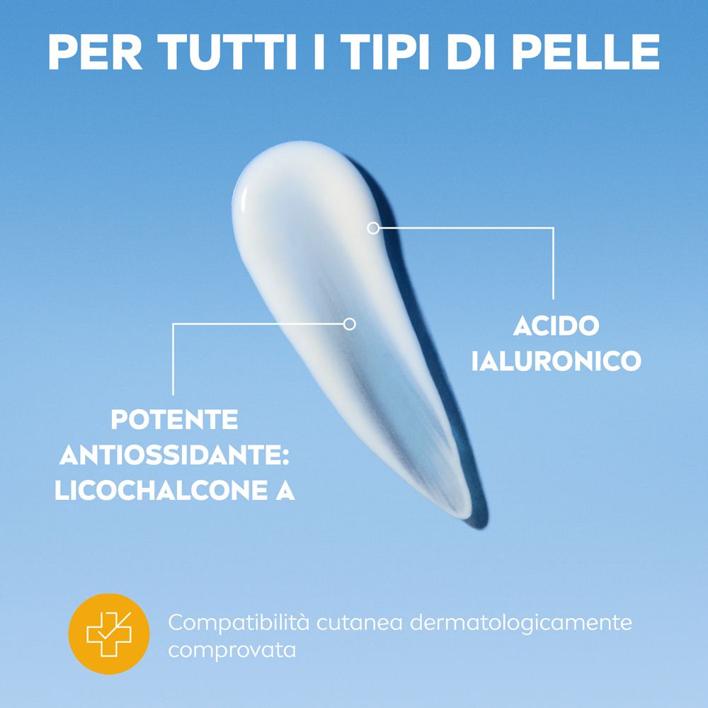 Siero bianco su sfondo blu. Testo: Acido ialuronico, antiossidante: Licochalcone A. Compatibilità cutanea dermatologicamente comprovata.