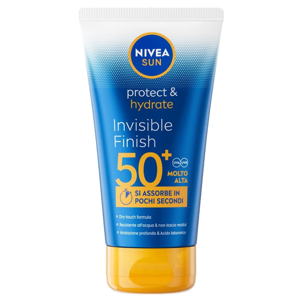 Tubo blu con tappo bianco e base gialla. Scritta: Nivea Sun, protect & hydrate, Invisible Finish 50+.