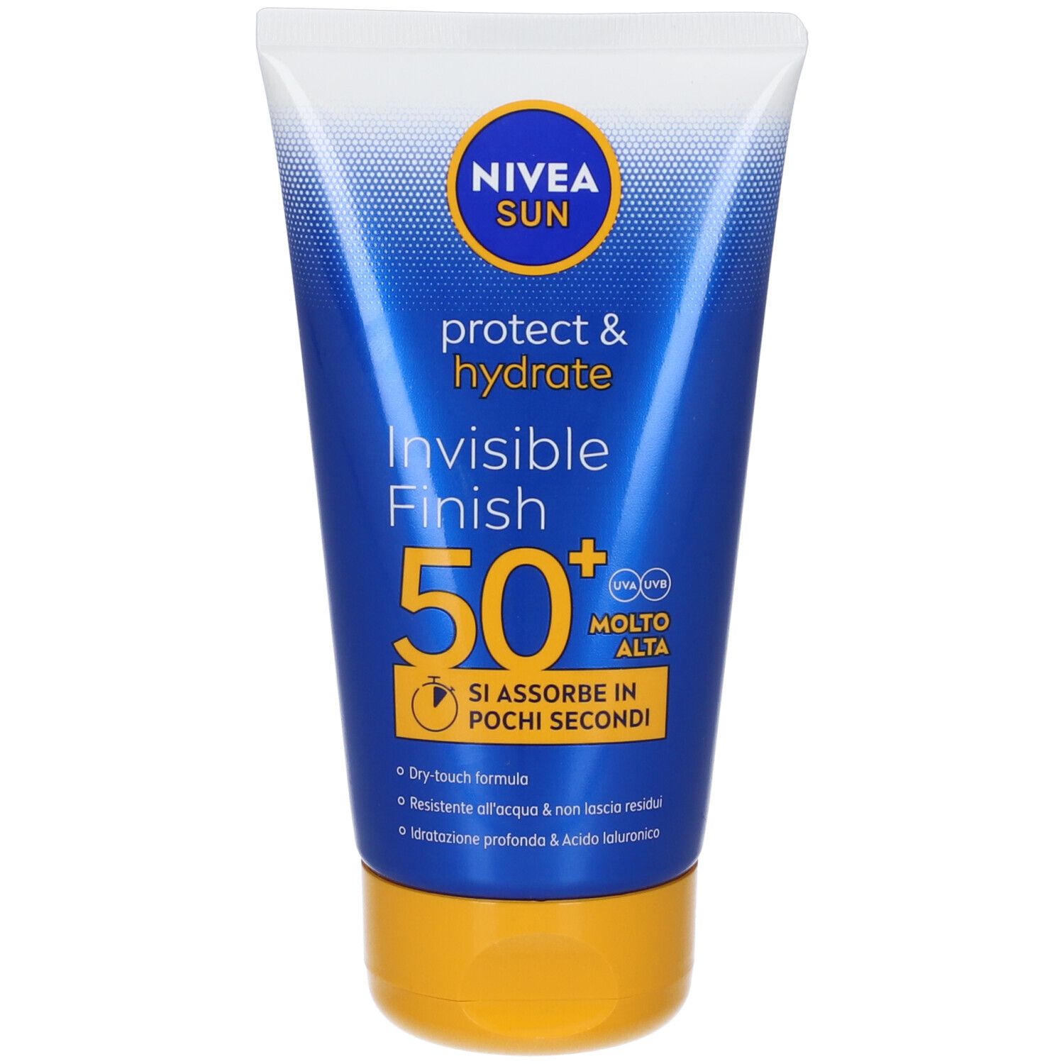 Tubo blu con tappo bianco e base gialla. Scritta: Nivea Sun, protect & hydrate, Invisible Finish 50+.