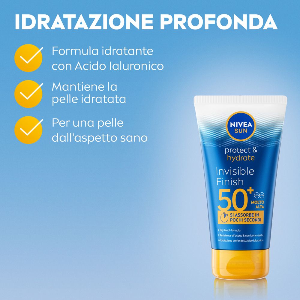 Tubo Nivea Sun. Testo: Idratazione profonda. Spunte gialle.
