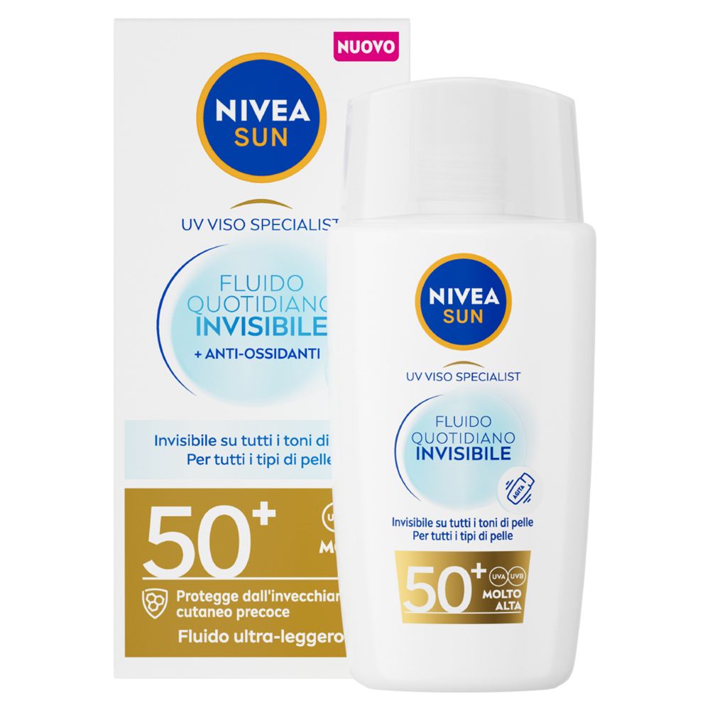 Flacone e confezione Nivea Sun Fluido Quotidiano Invisibile SPF 50+. Scritte: SPF 50+, UV Viso Specialist.