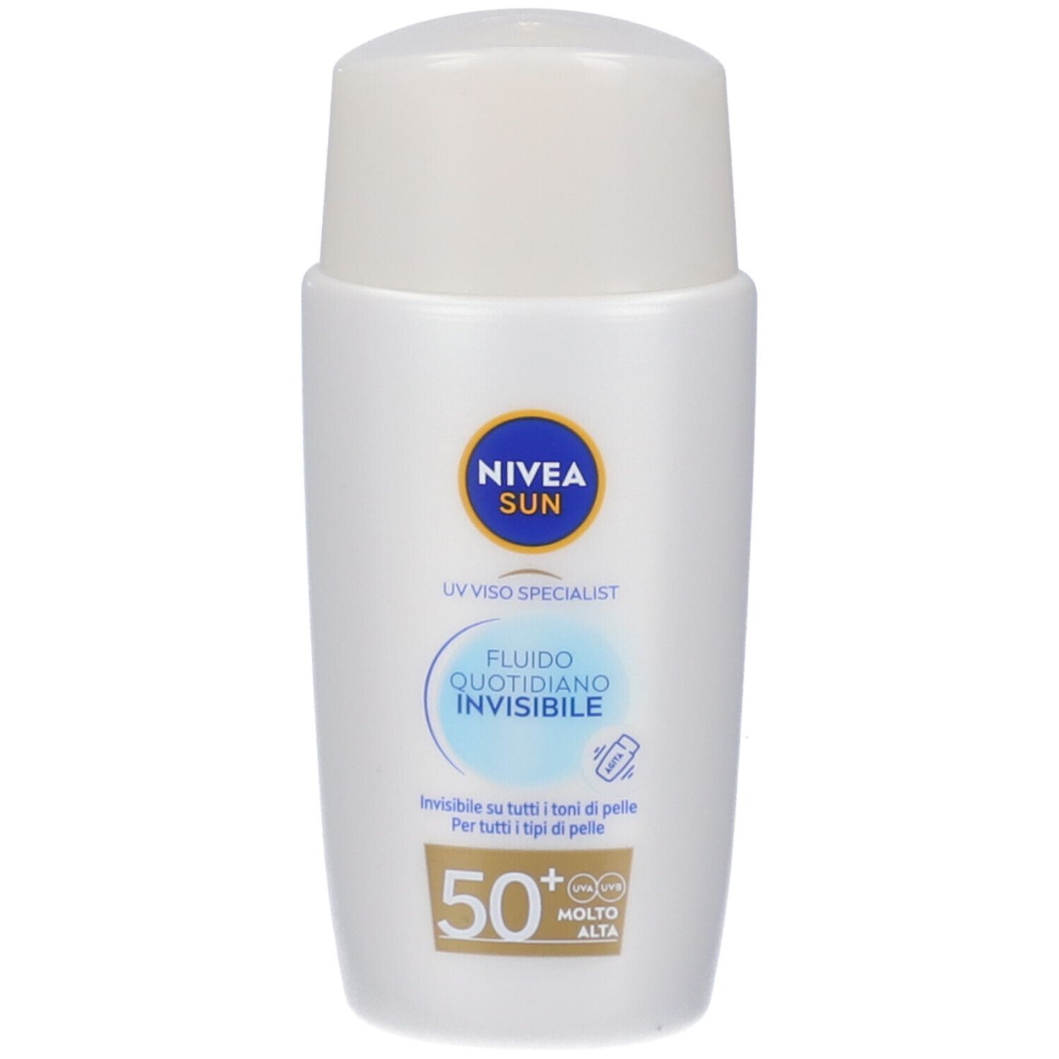 Flacone Nivea Sun Fluido Quotidiano Invisibile SPF 50+. Scritte: SPF 50+, UV Viso Specialist, per tutti i tipi di pelle.