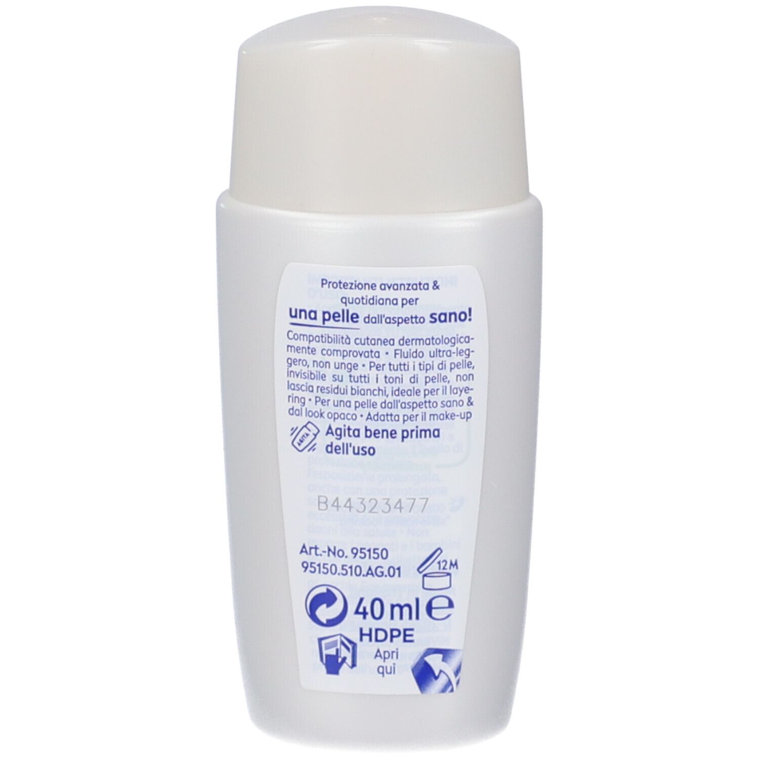 Retro del flacone Nivea Sun Fluido Quotidiano Invisibile SPF 50+. Scritte: 40ml, HDPE, ingredienti, istruzioni per l'uso.