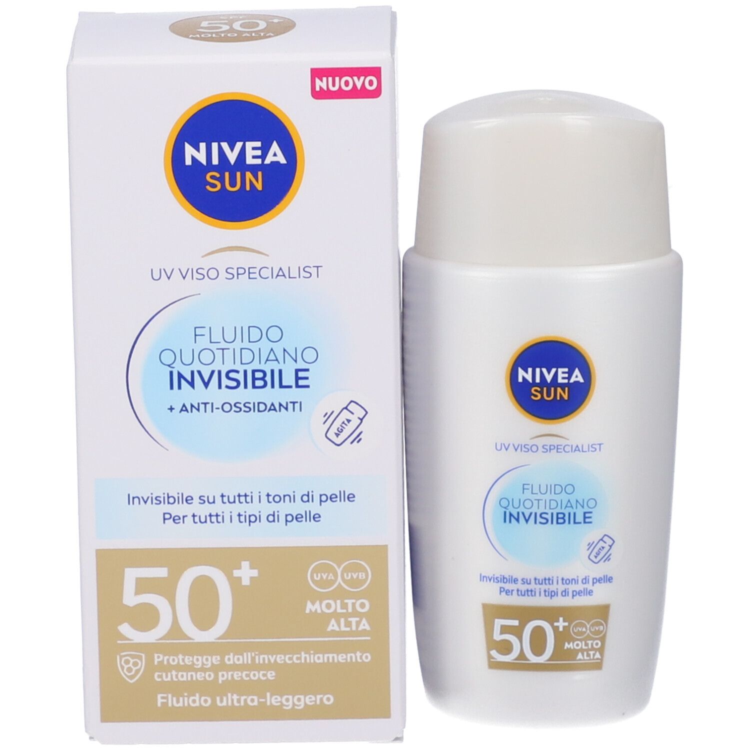 Flacone e confezione Nivea Sun Fluido Quotidiano Invisibile SPF 50+. Scritte: SPF 50+, UV Viso Specialist, Nuovo.