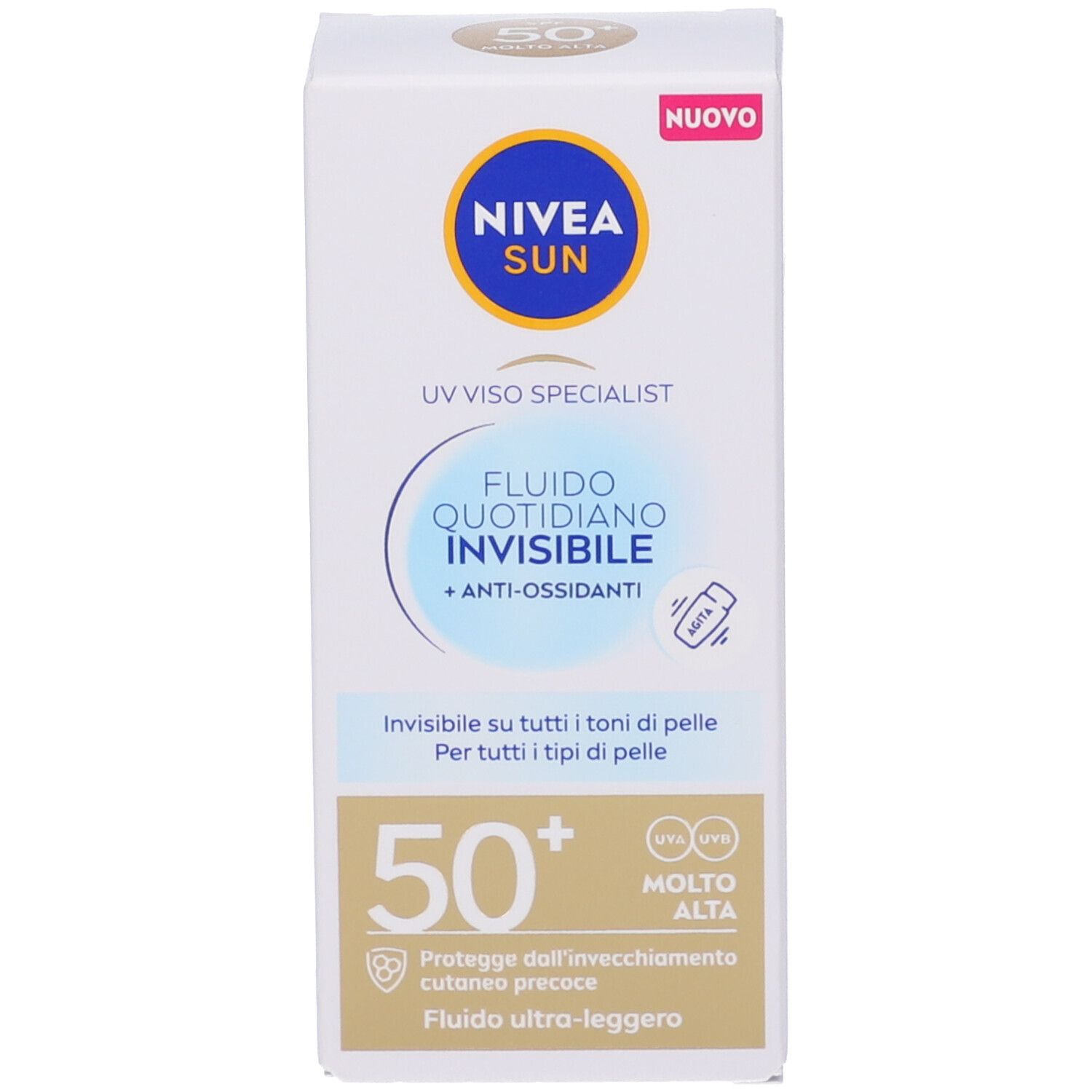 Confezione Nivea Sun Fluido Quotidiano Invisibile SPF 50+. Scritte: SPF 50+, UV Viso Specialist, Nuovo.