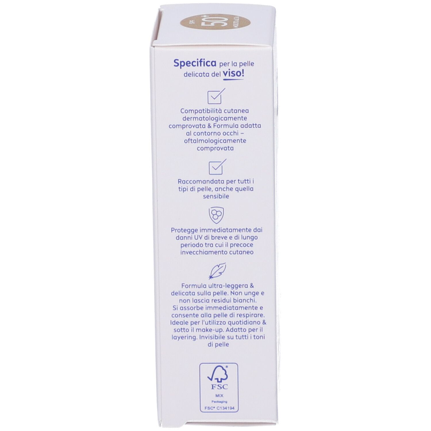 Confezione Nivea Sun Fluido Quotidiano Invisibile SPF 50+. Scritte: dermatologicamente testato, per tutti i tipi di pelle.