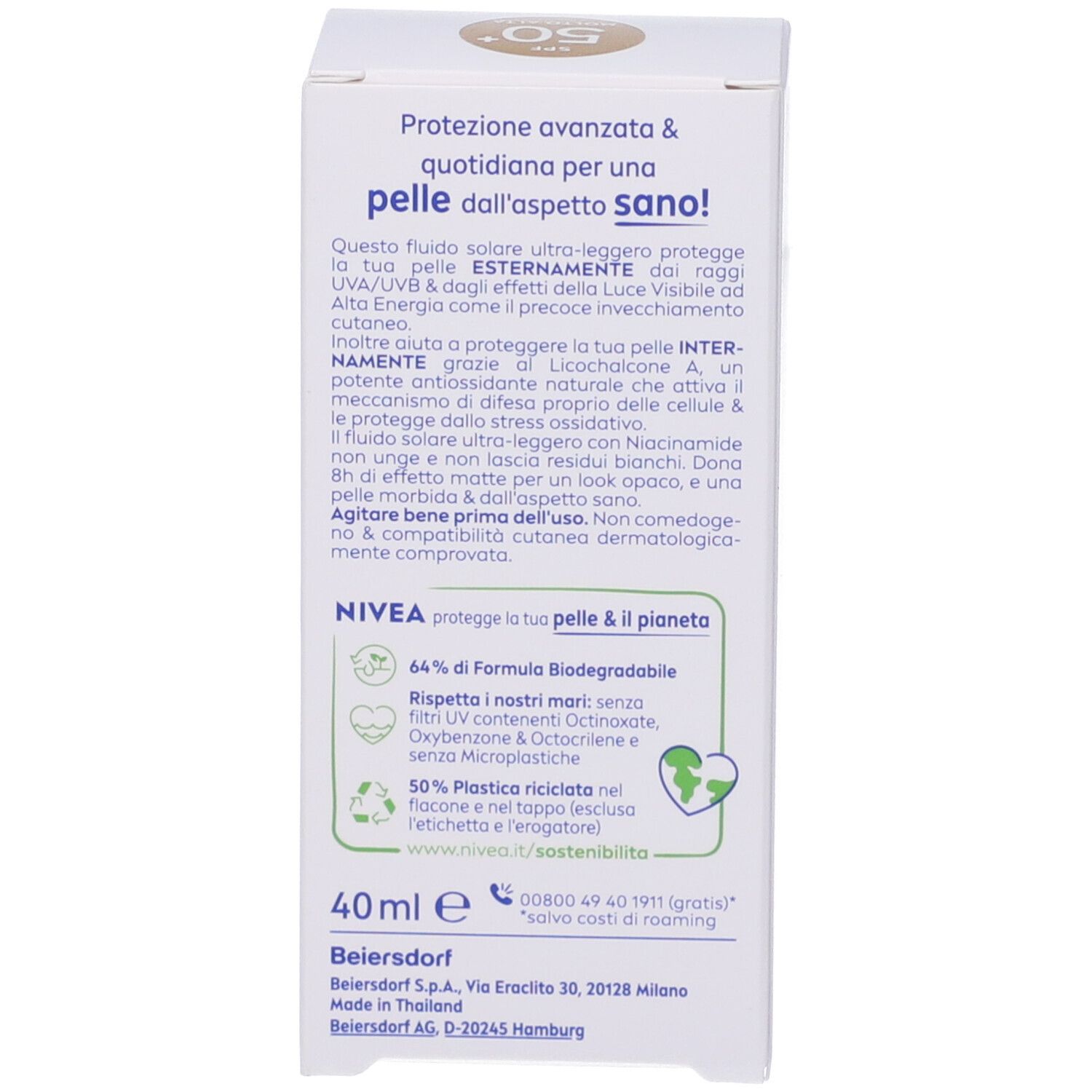 Retro della confezione Nivea Sun Fluido Quotidiano Invisibile SPF 50+. Scritte: 40ml, plastica riciclata, sostenibilità.