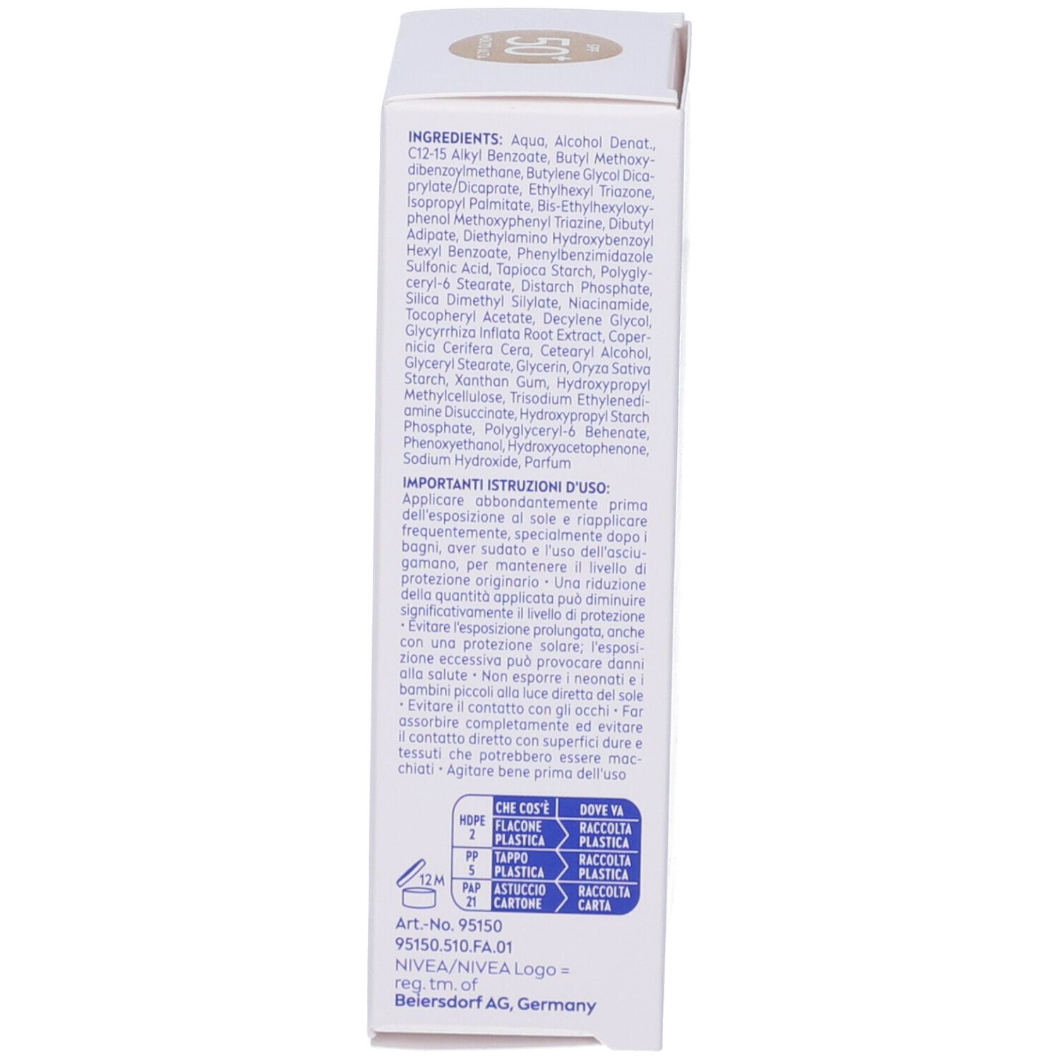 Lato della confezione Nivea Sun Fluido Quotidiano Invisibile SPF 50+. Scritte: ingredienti, istruzioni per l'uso, 12M.