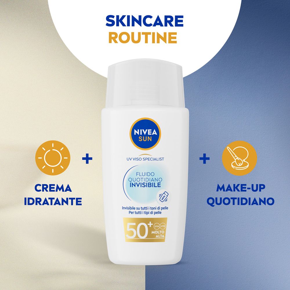 Flacone Nivea Sun Fluido Quotidiano Invisibile SPF 50+ con crema e trucco. Scritte: SPF 50+, UV Viso Specialist.