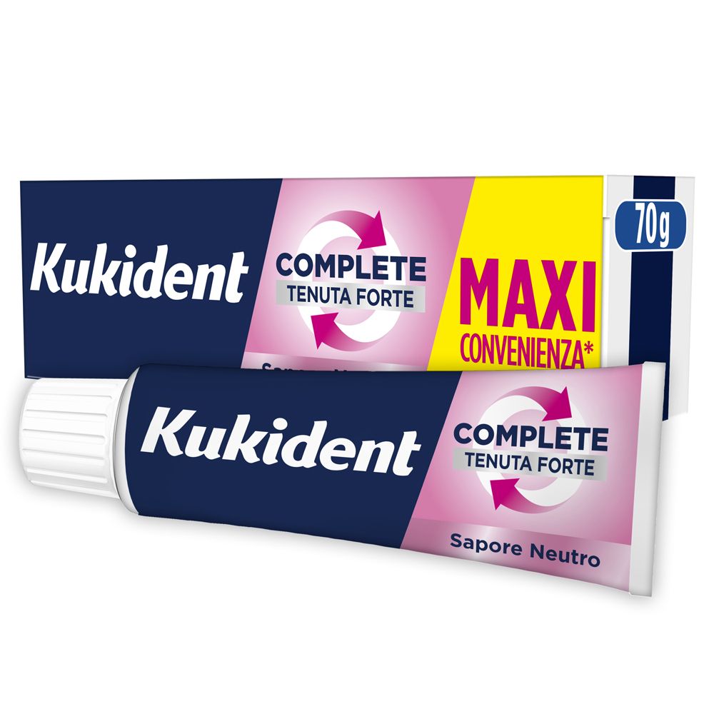 Zahncreme-Tube und -Schachtel. Aufschrift: Kukident Complete, Tenuta Forte, Sapore Neutro. 70g.