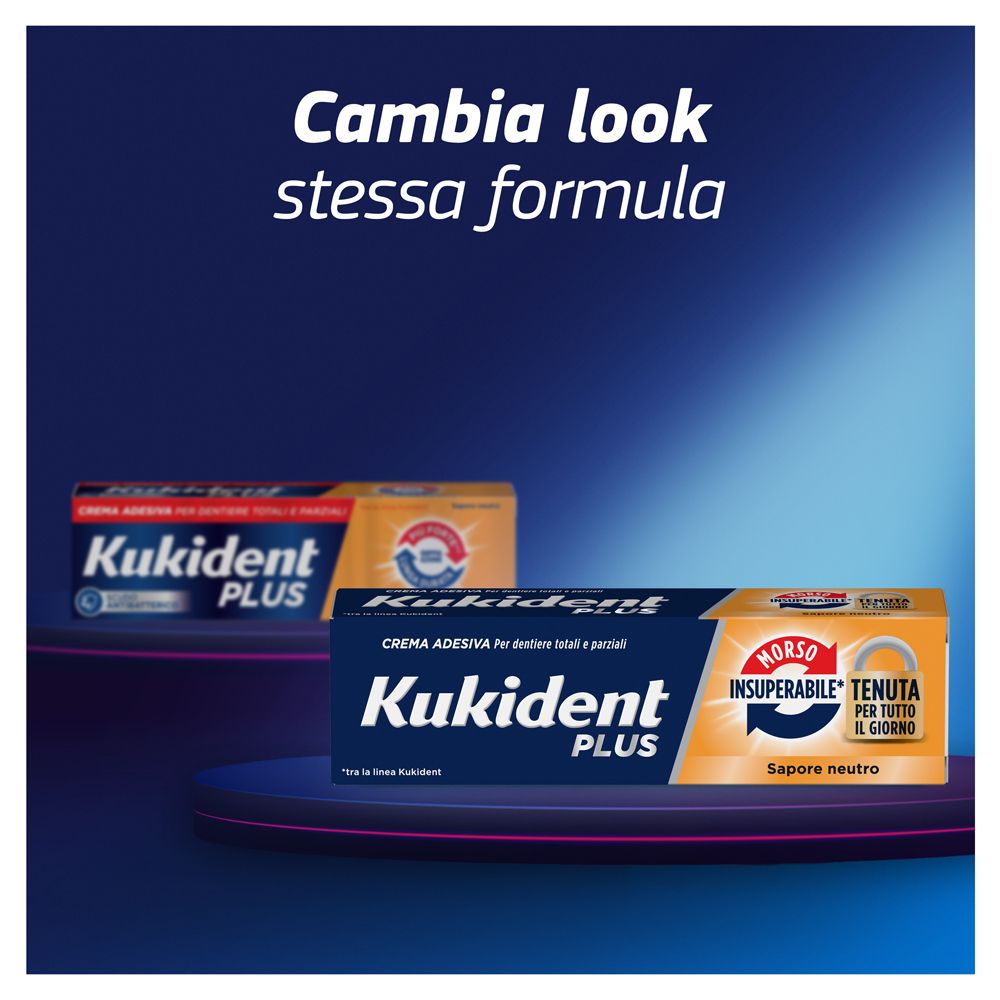 Produktverpackungen von Kukident Plus. Blaue und gelbe Schachteln. Text: Cambia look stessa formula.