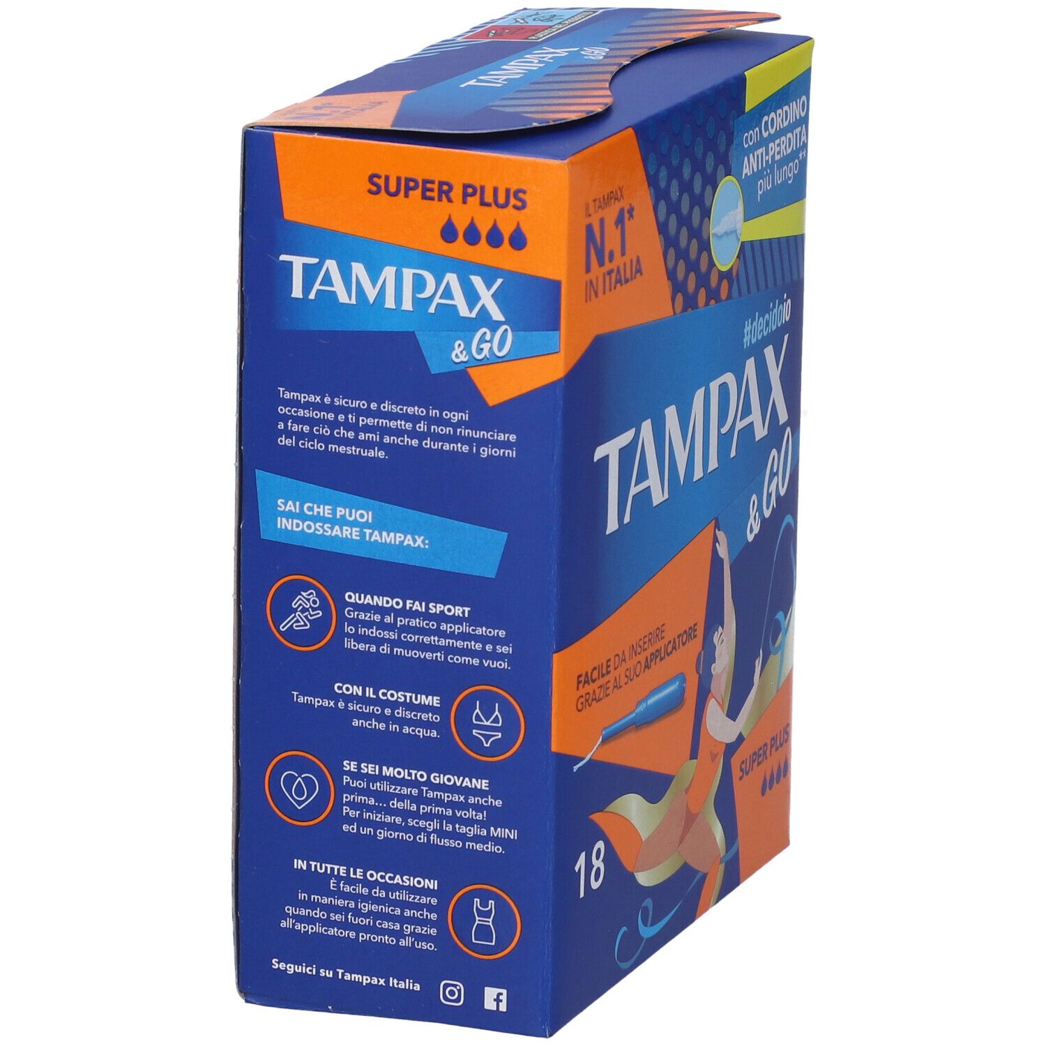 Schachtel von Tampax & Go Super Plus. Blaue und orangefarbene Verpackung mit Produktnamen und Text.