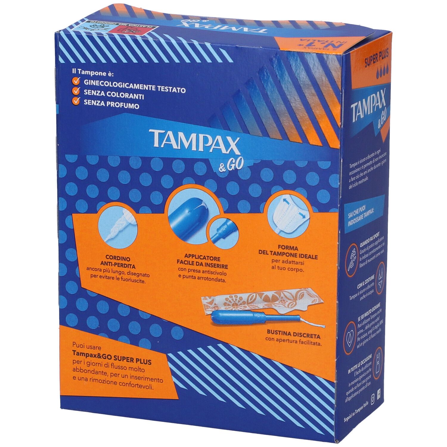 Rückseite der Tampax & Go Super Plus Verpackung. Blaue Schachtel mit Produktabbildungen und Text.