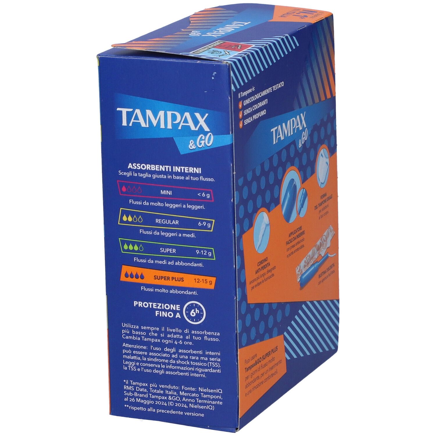 Seite der Tampax & Go Super Plus Verpackung. Blaue Schachtel mit Produktinformationen und Text.