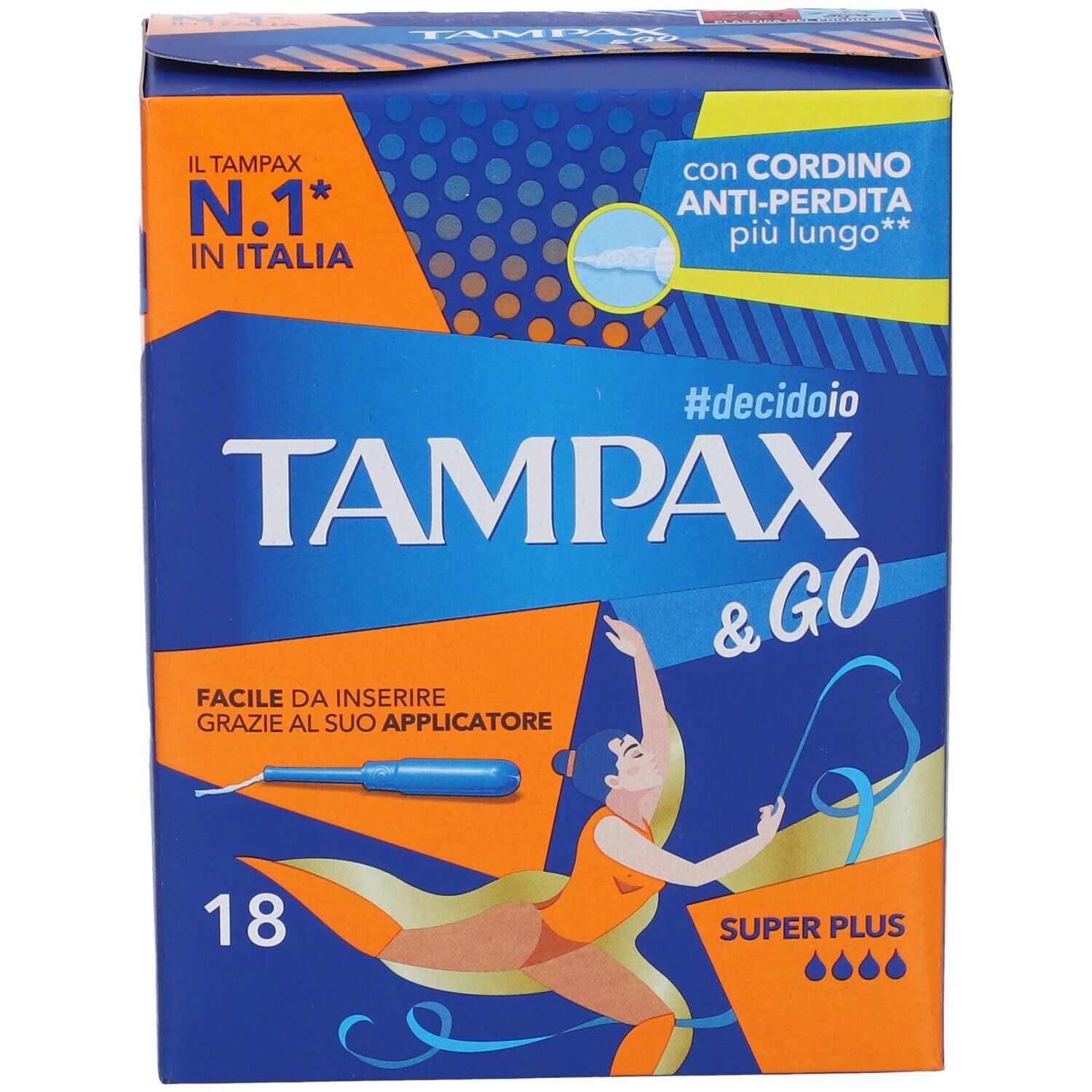 Verpackung von Tampax & Go Super Plus. Blaue und orangefarbene Schachtel mit Produktnamen und 18 Stück.