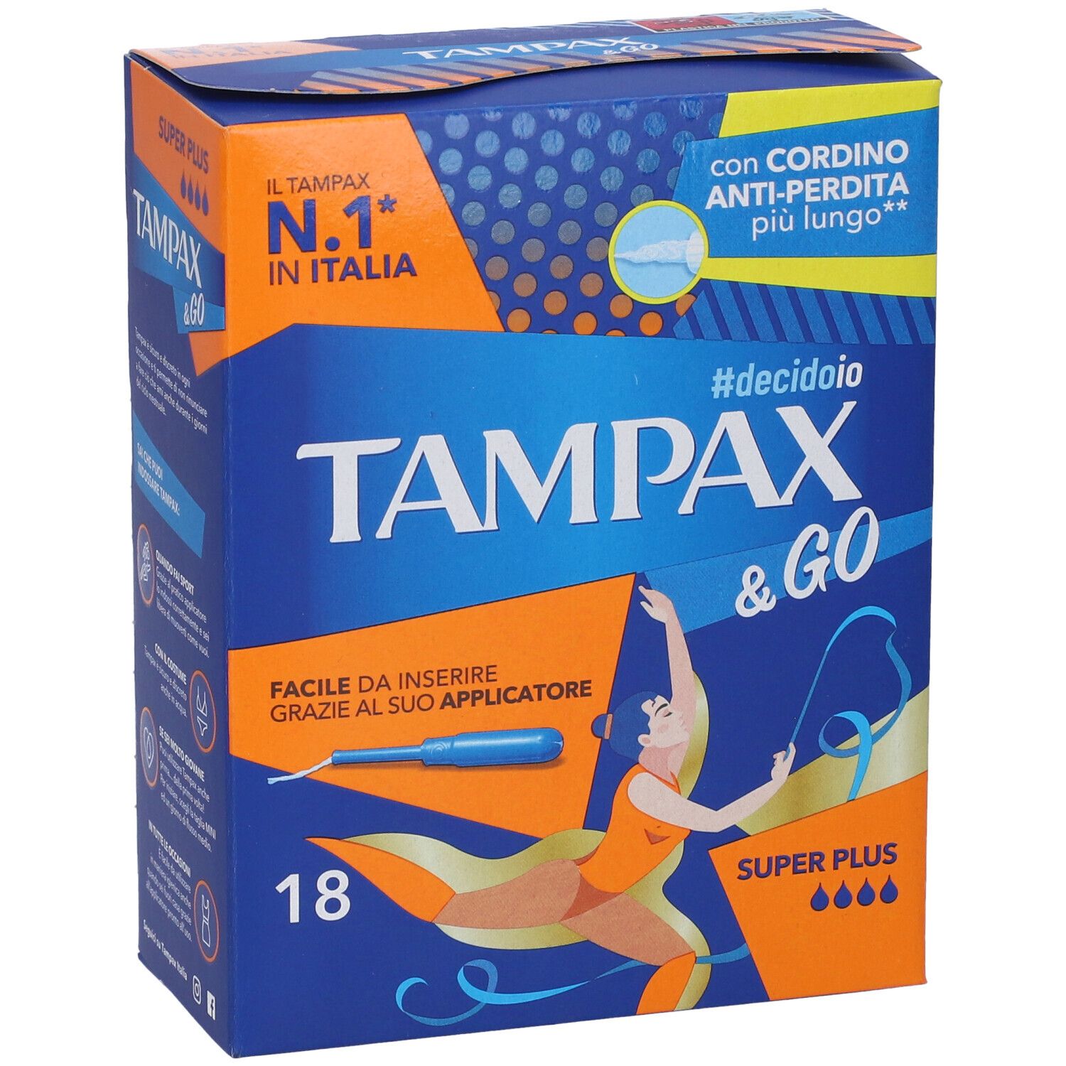 Verpackung von Tampax & Go Super Plus. Blaue und orangefarbene Schachtel mit Produktnamen und Text.