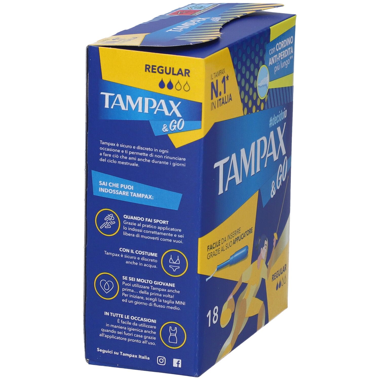 Seitenansicht der Tampax & Go Regular Verpackung. Blaue und gelbe Farben. Text: 'Regular', '18', 'N.1 in Italia'.