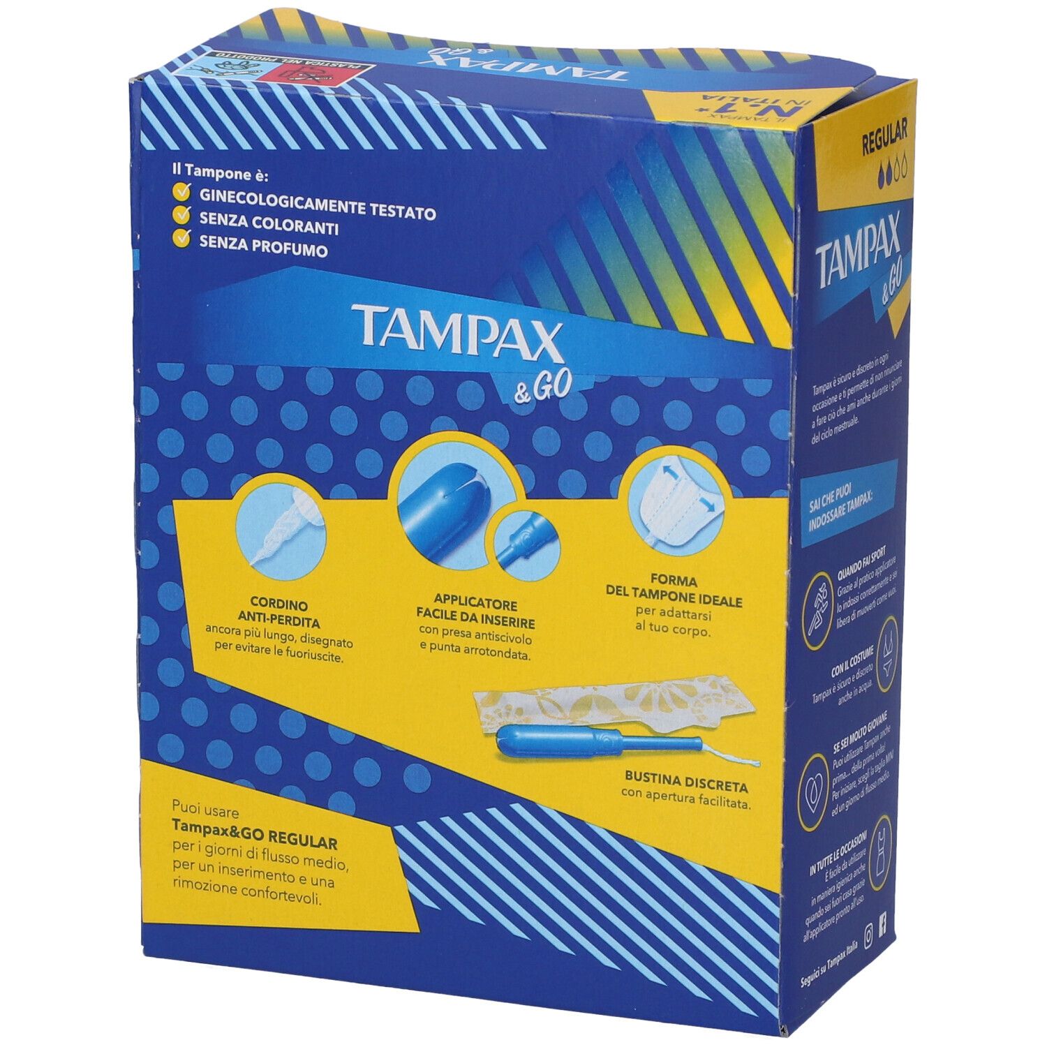 Rückseite der Tampax & Go Regular Verpackung. Blaue und gelbe Farben. Illustrationen von Tampons und Applikator.