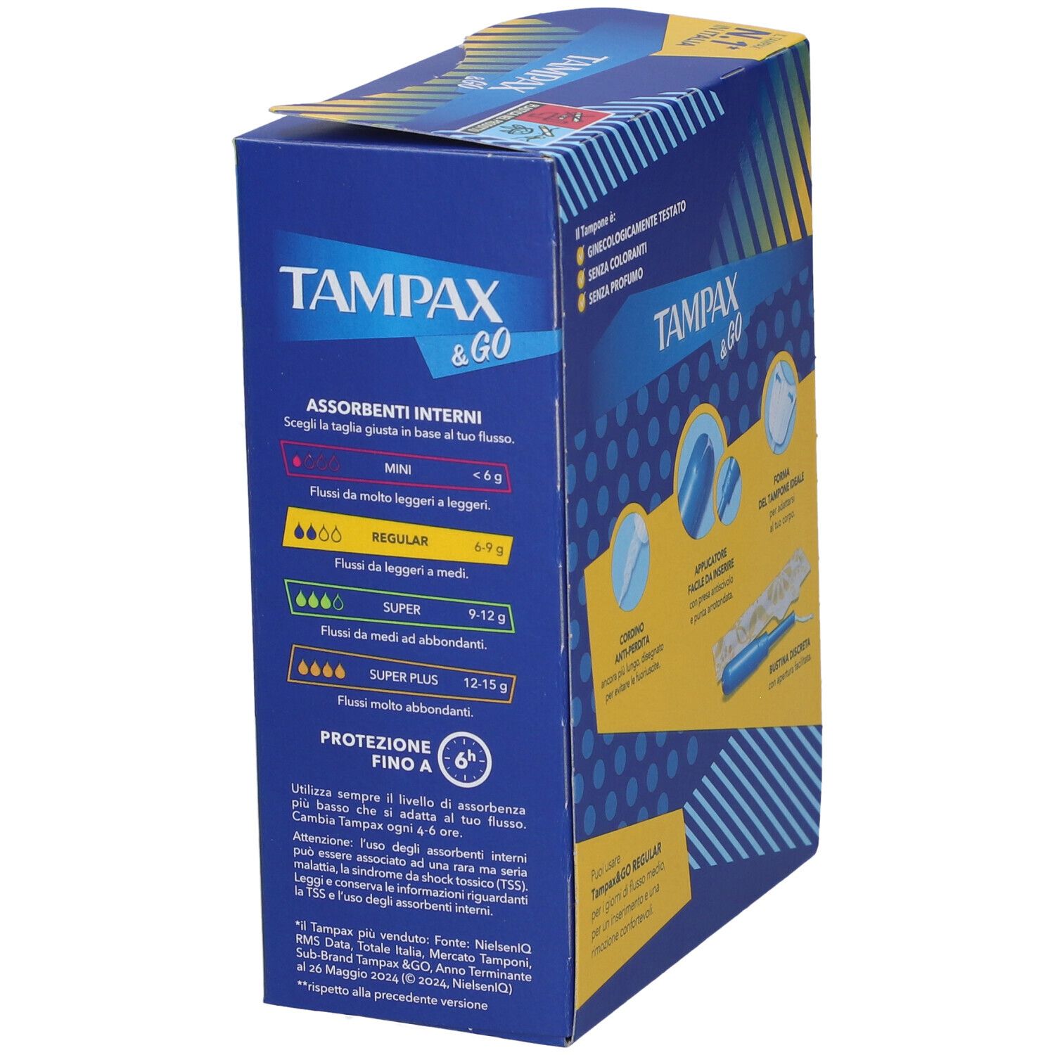 Seitenansicht der Tampax & Go Regular Verpackung. Blaue und gelbe Farben. Text: 'Regular', Größenangaben.