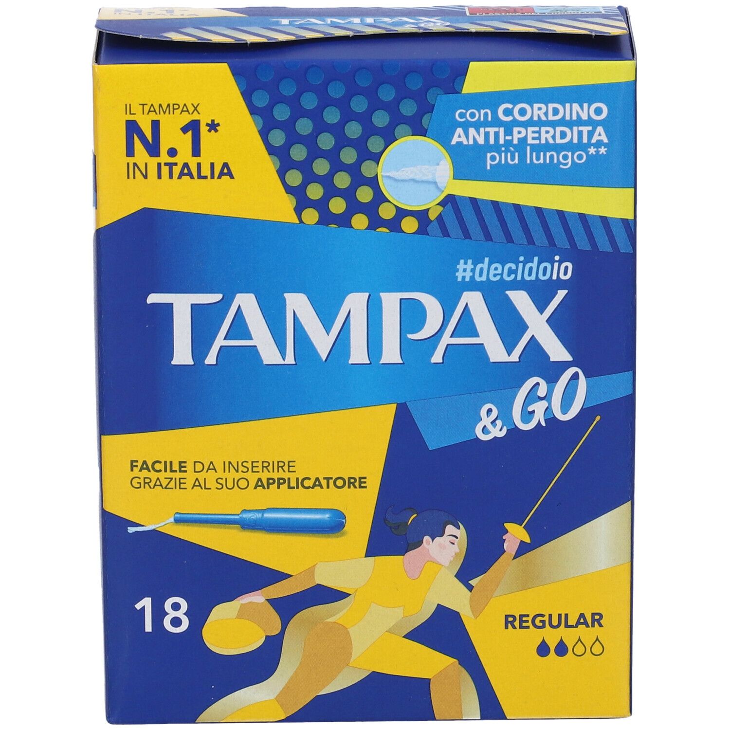 Vorderansicht der Tampax & Go Regular Verpackung. Blaue und gelbe Farben. Enthält 18 Tampons. Mit Applikator.