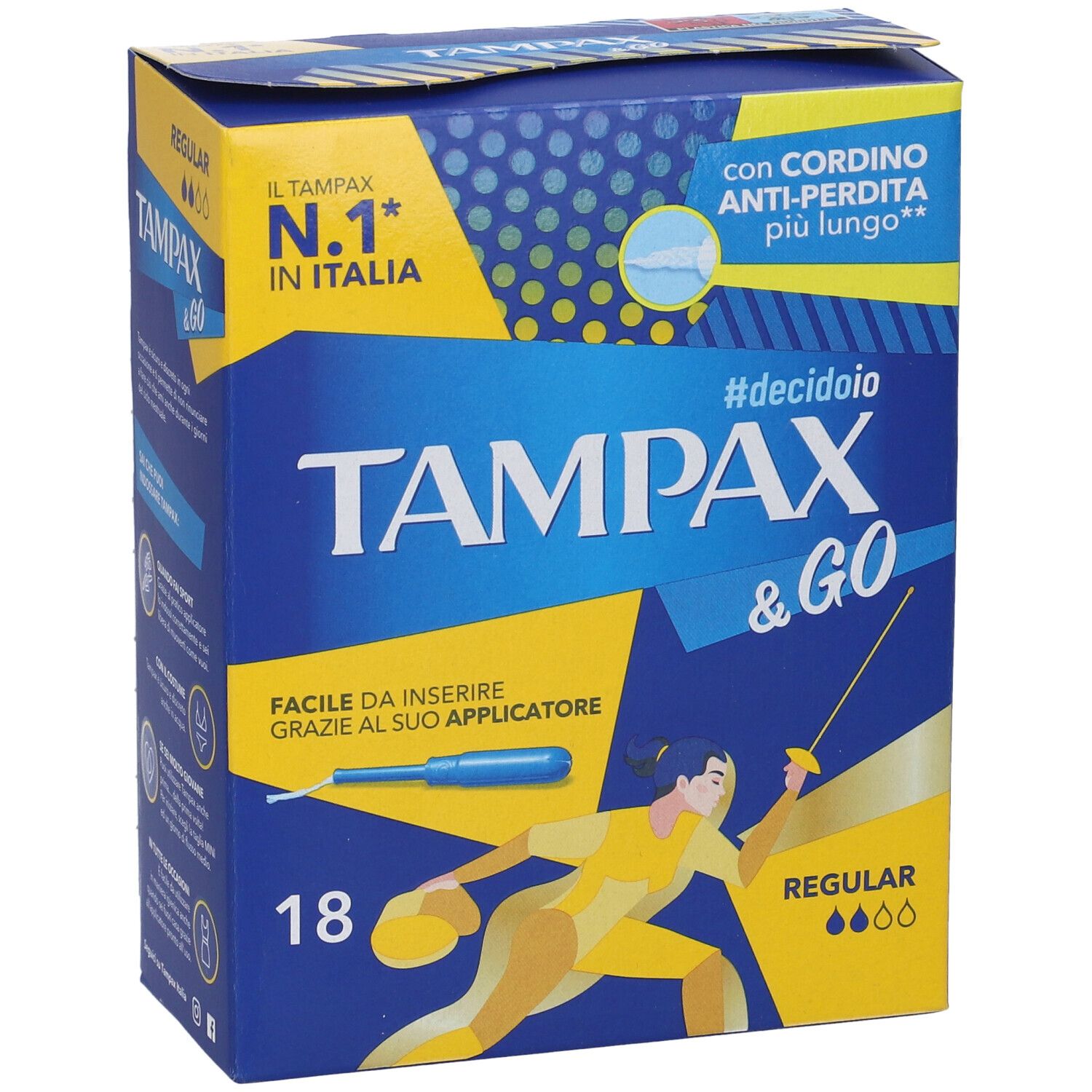 Vorderansicht der Tampax & Go Regular Verpackung. Blaue und gelbe Farben. Text: 'N.1 in Italia', '18', 'Regular'.