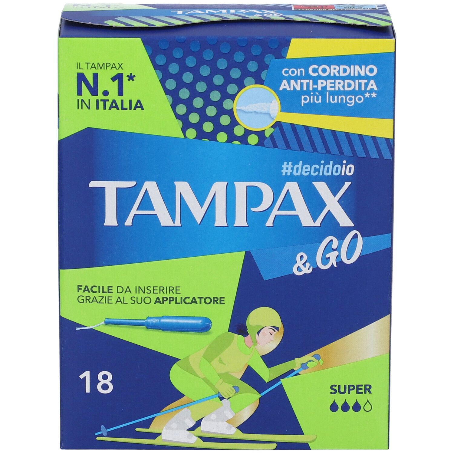 Blau-grüne Schachtel 'Tampax & Go Super', 18 Stück. Text: 'N.1 in Italia', 'Cordino anti-perdita più lungo'. Abbildung einer Skifahrerin mit Applikator.