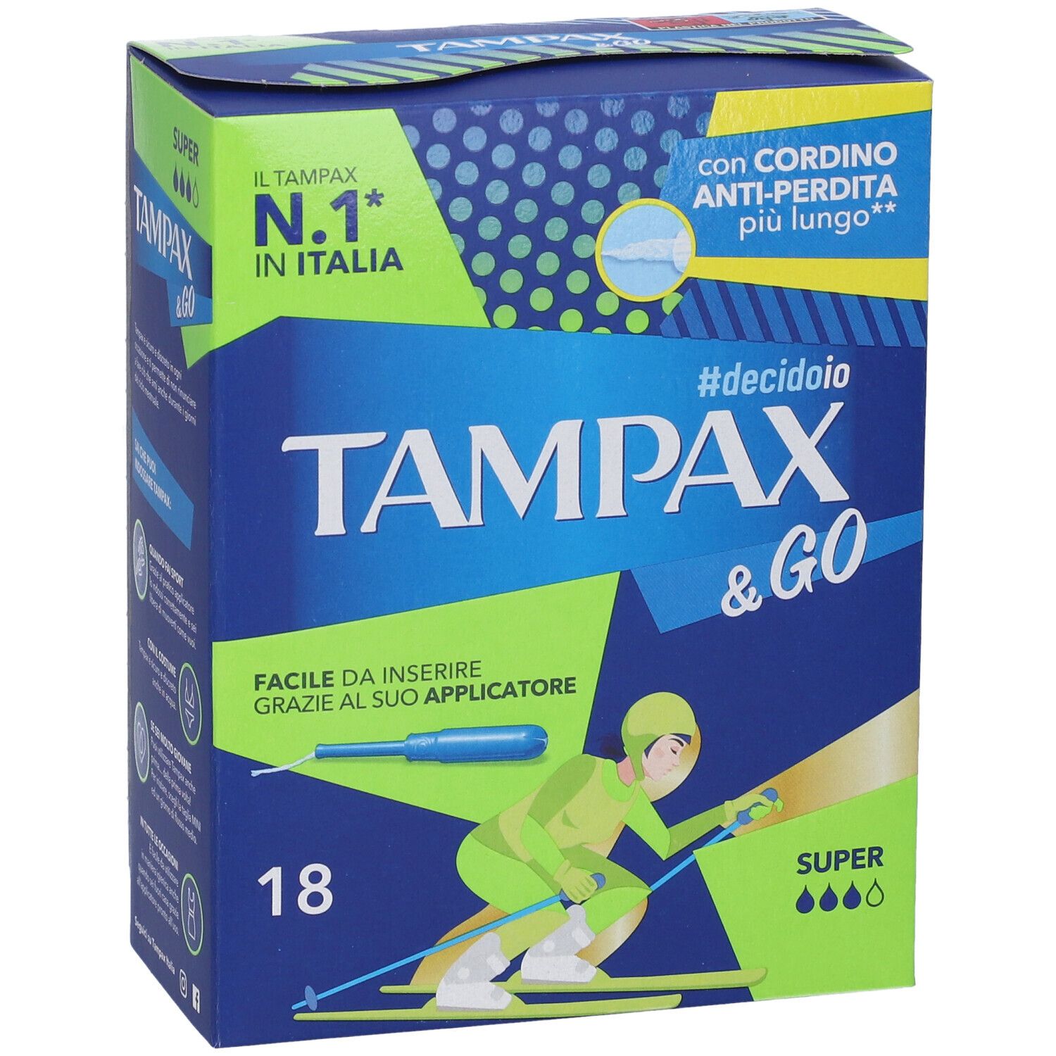 Blau-grüne Schachtel 'Tampax & Go Super', 18 Stück. Text: 'N.1 in Italia', 'Cordino anti-perdita più lungo'. Abbildung einer Skifahrerin mit Applikator.
