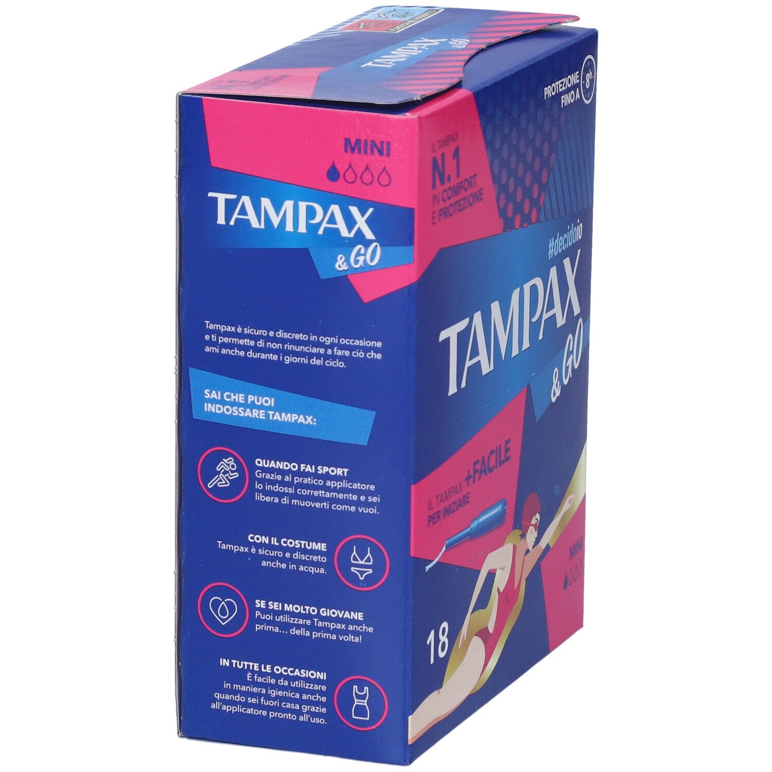Blau-rosa Karton von Tampax & Go Mini. Aufschrift: Tampax & Go, 18 Stück, Mini. Illustrationen zu Anwendungsmöglichkeiten.