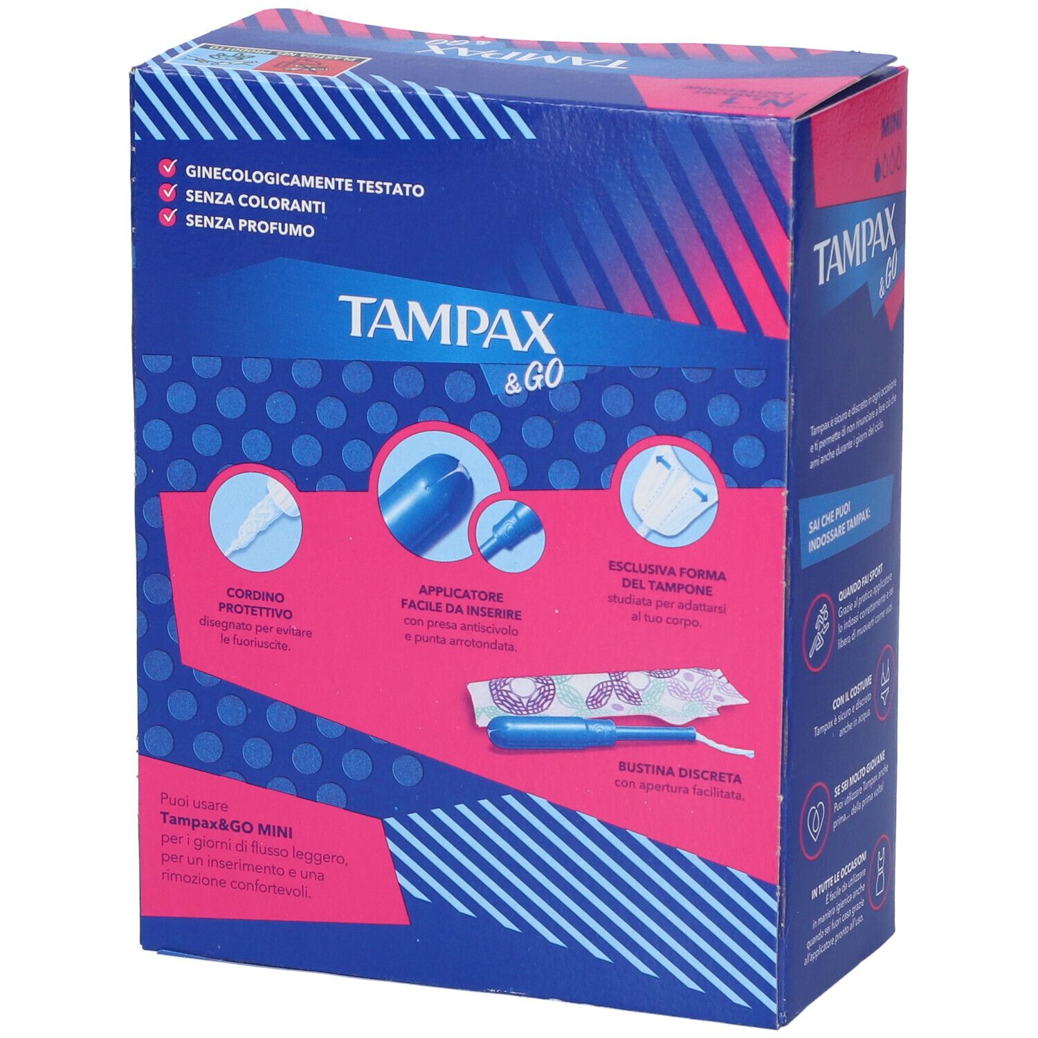 Rückseite der Tampax & Go Mini Packung. Aufschrift: Tampax & Go. Illustrationen von Produktmerkmalen und Inhaltsstoffen.