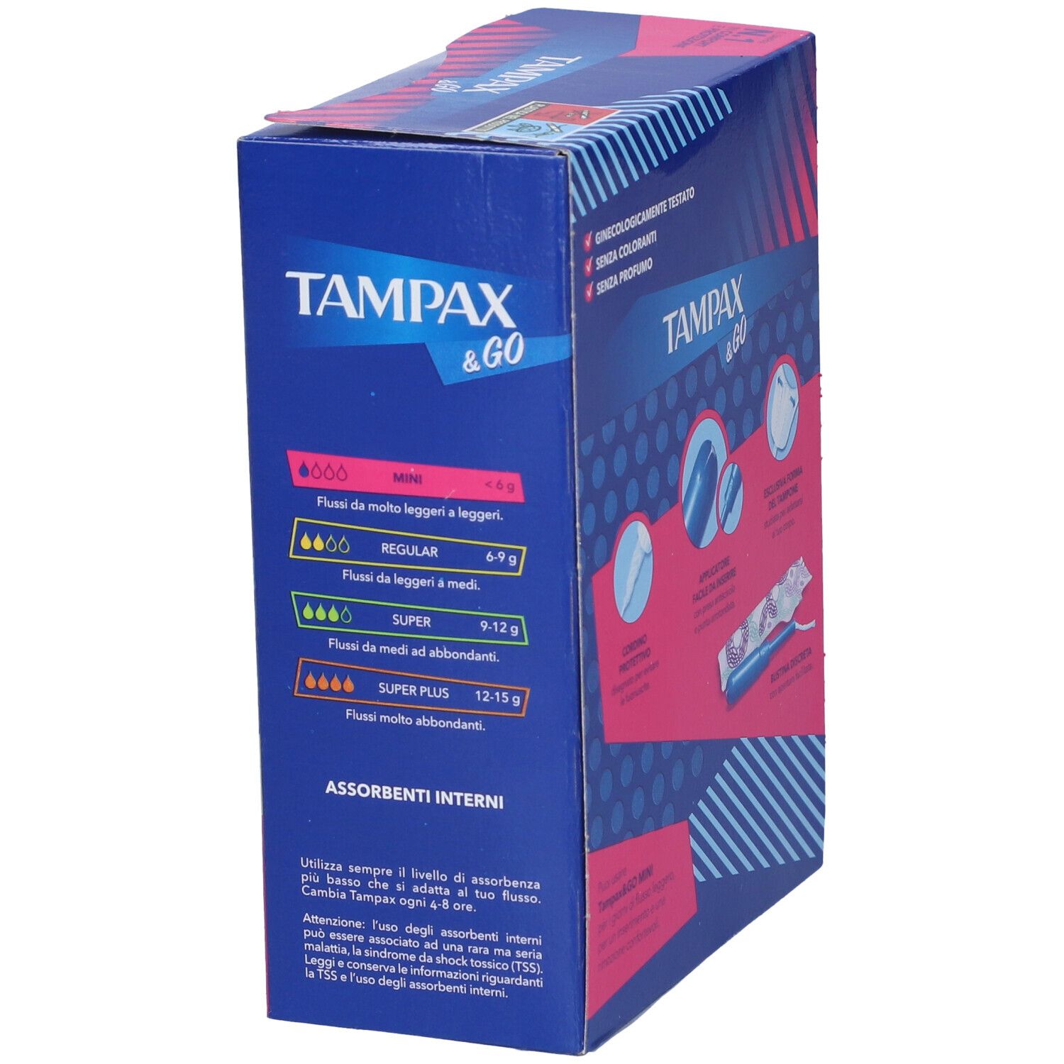 Seite der Tampax & Go Mini Packung. Aufschrift: Tampax & Go. Informationen zu Saugstärken und Produktmerkmalen.