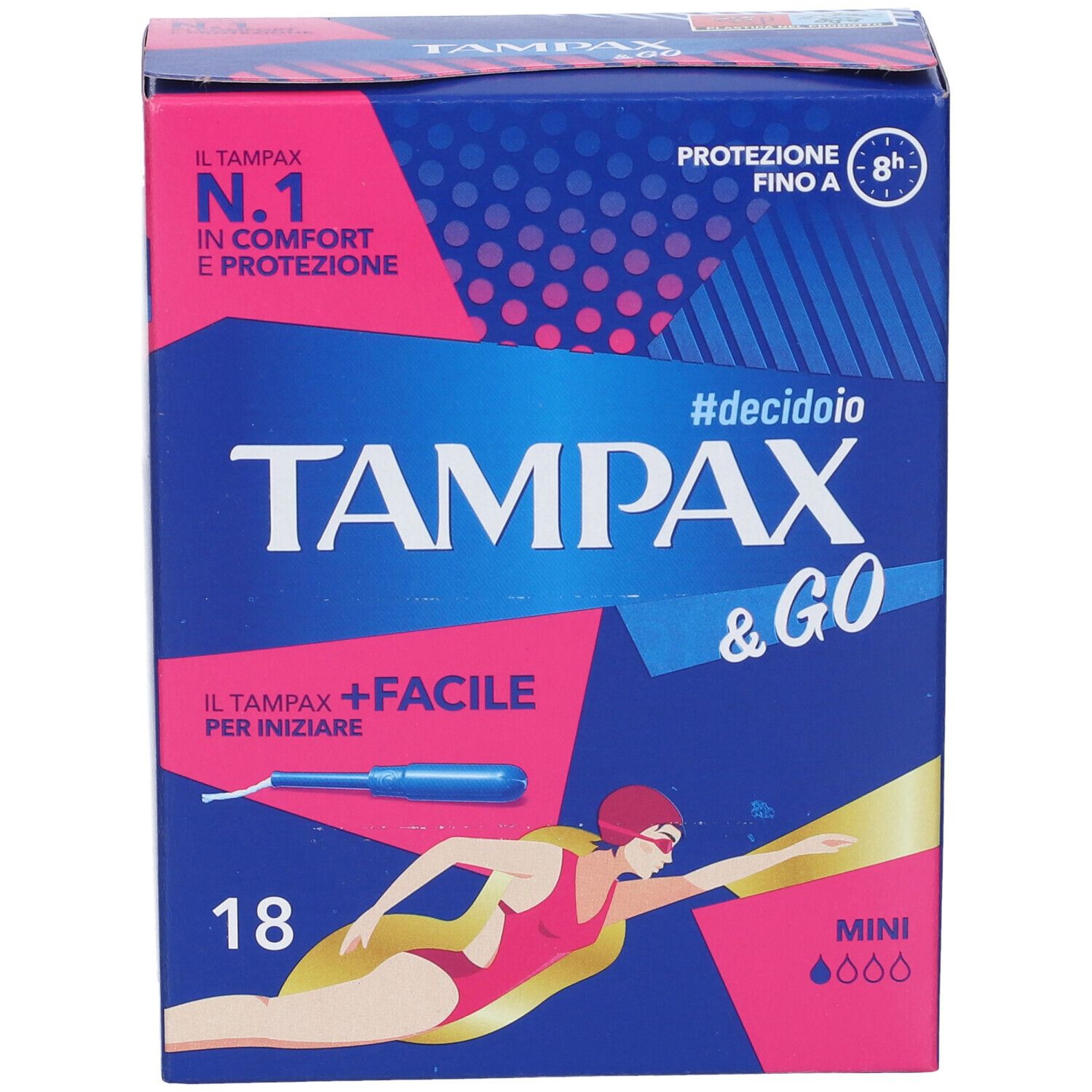 Blau-rosa Karton von Tampax & Go Mini. Aufschrift: Tampax & Go, 18 Stück, Mini. Abbildung einer schwimmenden Frau.