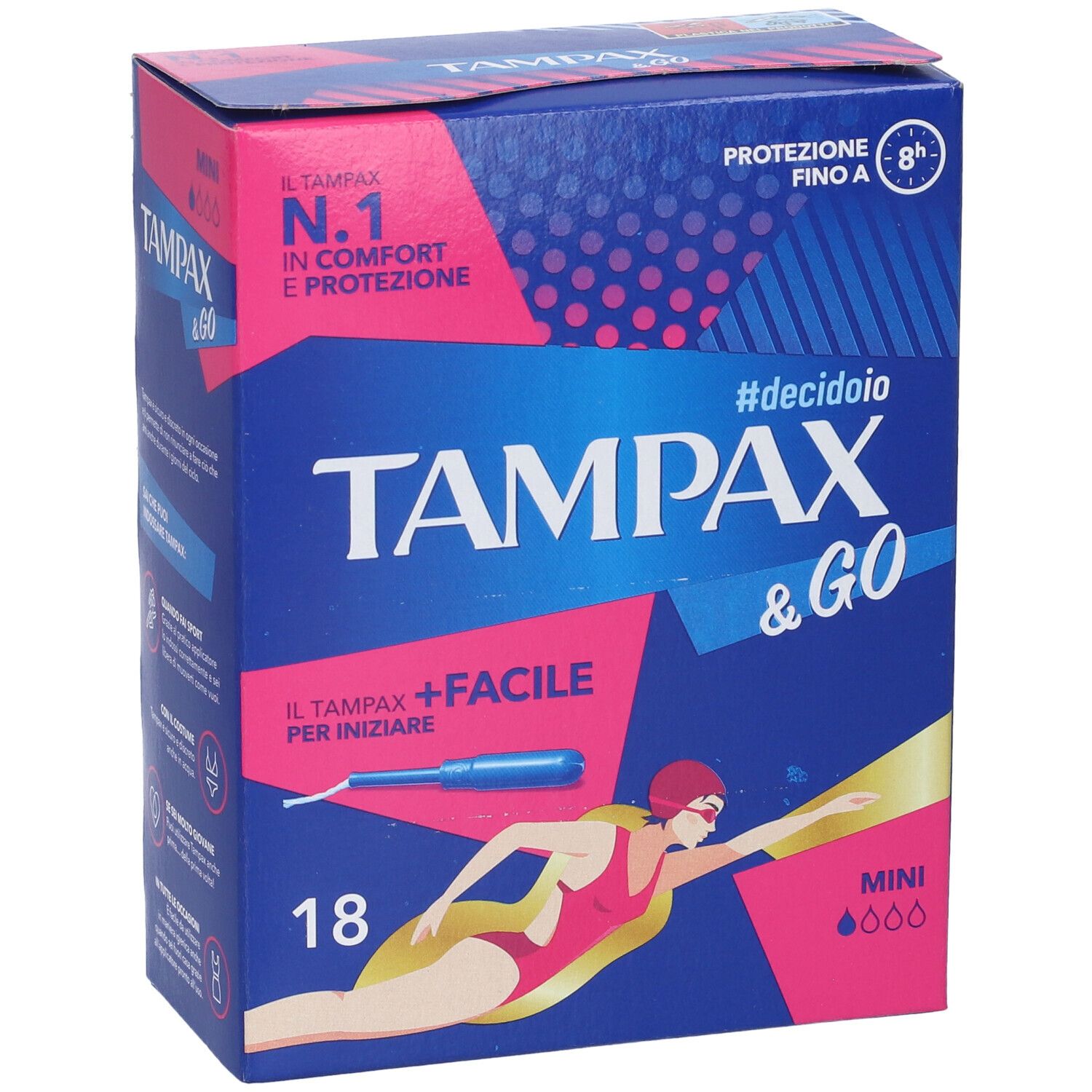 Blau-rosa Karton von Tampax & Go Mini. Aufschrift: Tampax & Go, 18 Stück, Mini. Abbildung einer schwimmenden Frau.