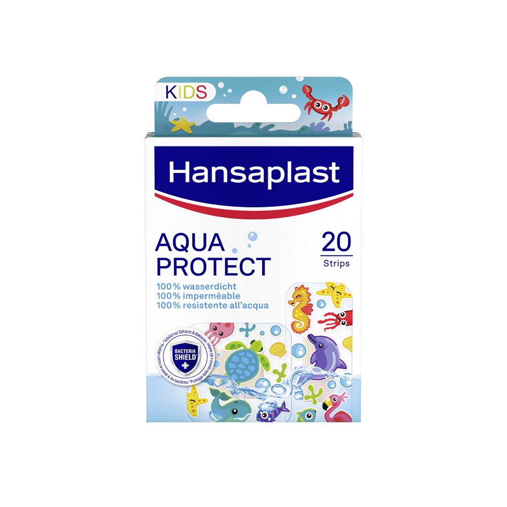 Hansaplast Aqua Protect Kids, Cerotti bambini colorati resistenti all'acqua, 20 pezzi in 2 formati