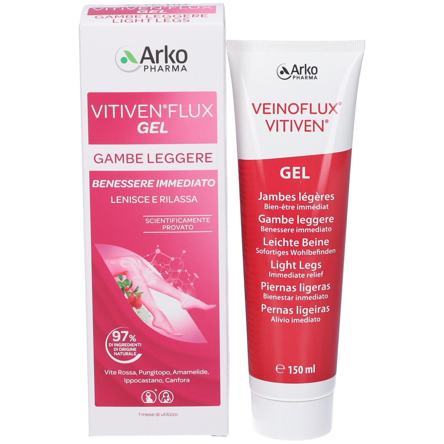 Produktverpackung und Tube. Gel für leichte Beine. Marke: VITIVEN® FLUX.