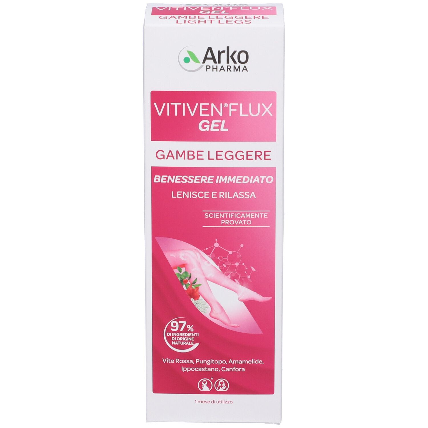 Produktverpackung. Gel für leichte Beine. Marke: VITIVEN® FLUX.