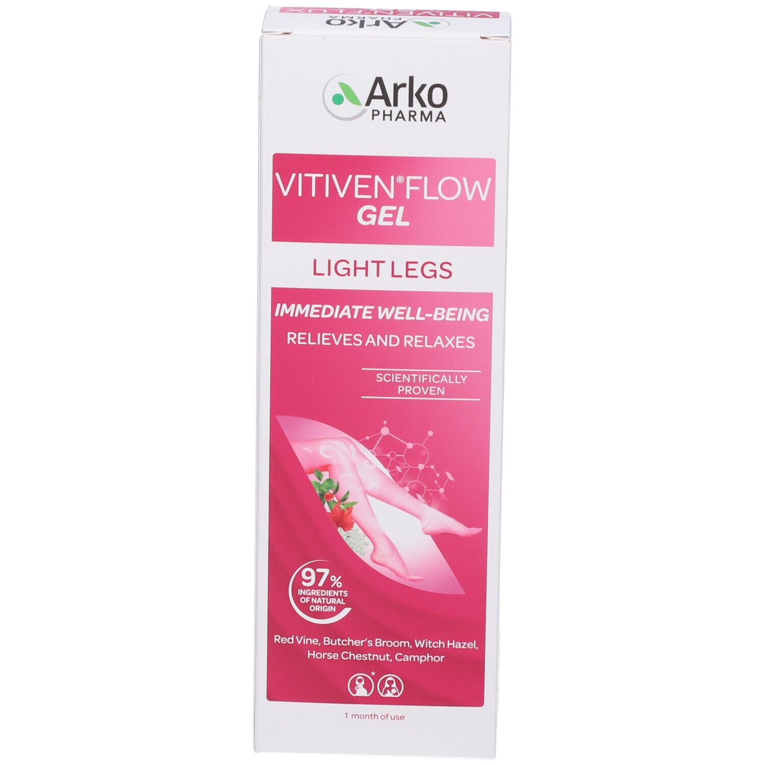 Produktverpackung. Gel für leichte Beine. Marke: VITIVEN® FLUX.