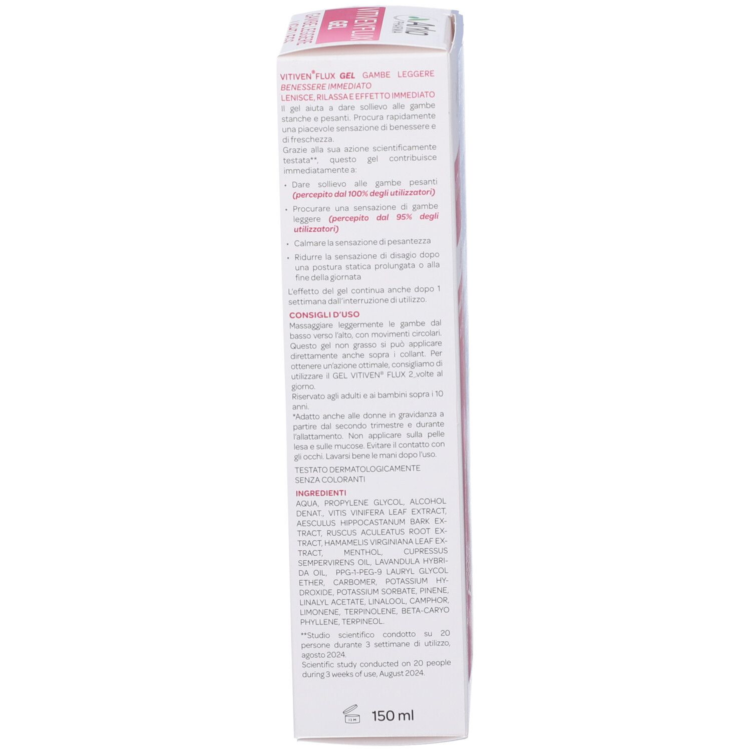 Seitenansicht der Produktverpackung. Enthält Produktinformationen und Inhaltsstoffe.