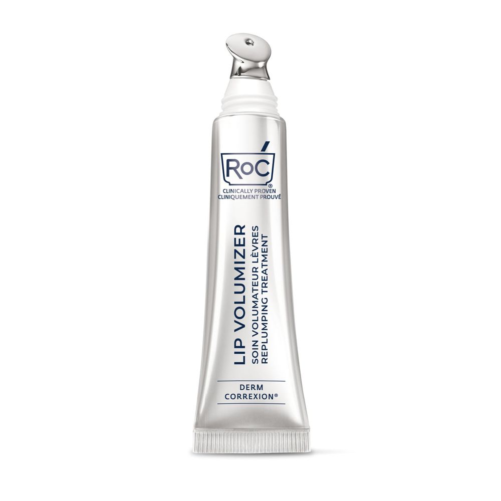 Tubo d'argento con applicatore. Scritta: Roc, Lip Volumizer, Derm Correxion. Con applicatore roll-on.