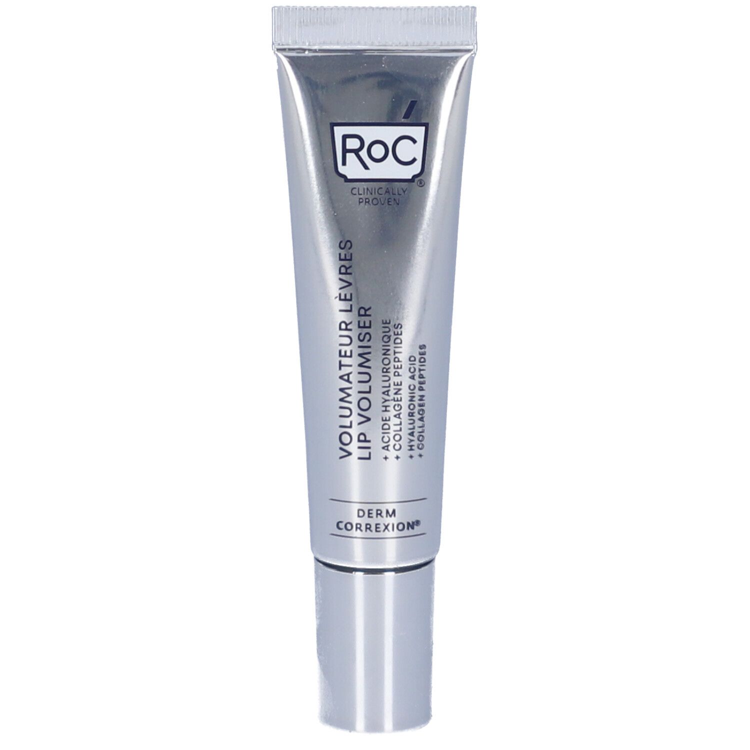 Tubo d'argento. Scritta: Roc, Lip Volumizer, Derm Correxion. Con applicatore roll-on.