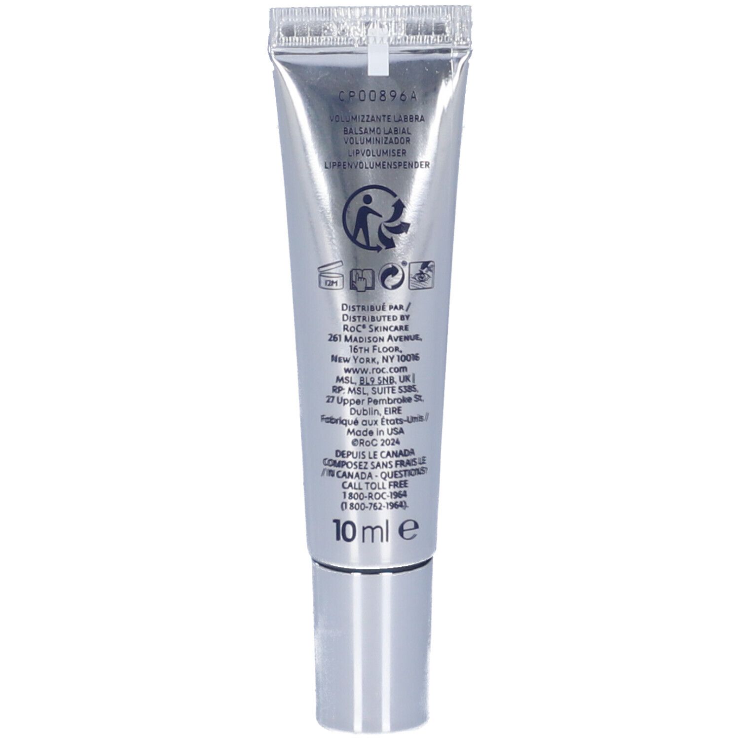 Retro del tubo. Testo: Roc, ingredienti, indirizzo del produttore, 10 ml.