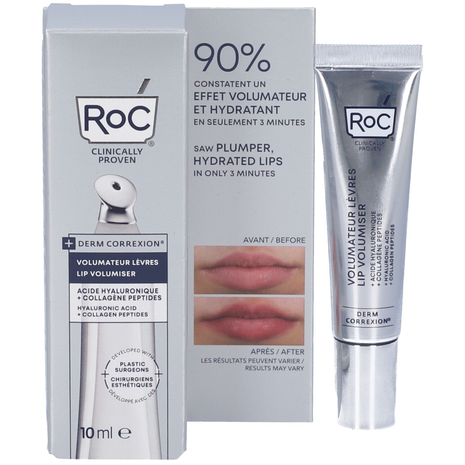 Confezione del prodotto. Roc Lip Volumizer, Derm Correxion. Immagini prima-dopo. 10 ml.