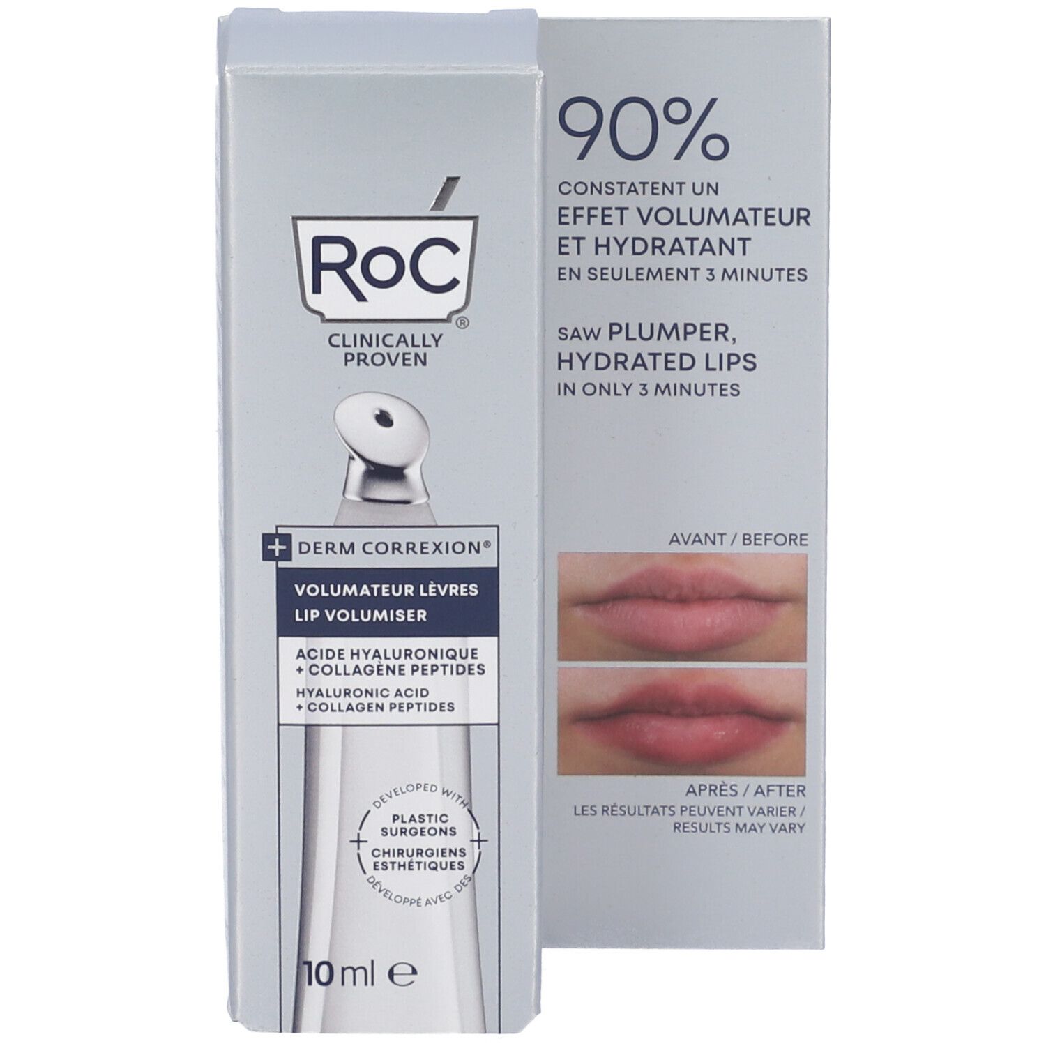 Confezione del prodotto. Roc Lip Volumizer, Derm Correxion. Immagini prima-dopo. 10 ml.