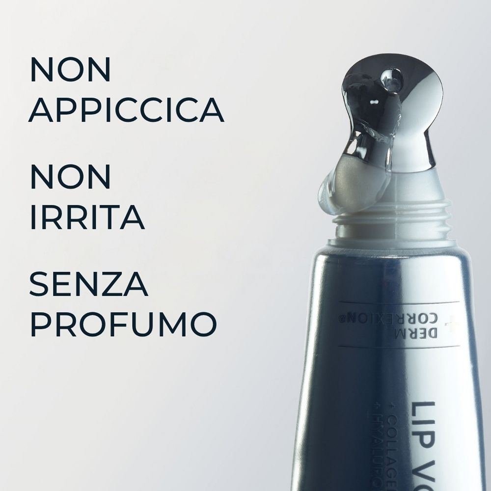 Primo piano dell'applicatore. Testo: Non appiccica, non irrita, senza profumo. Roc Lip Volumizer.