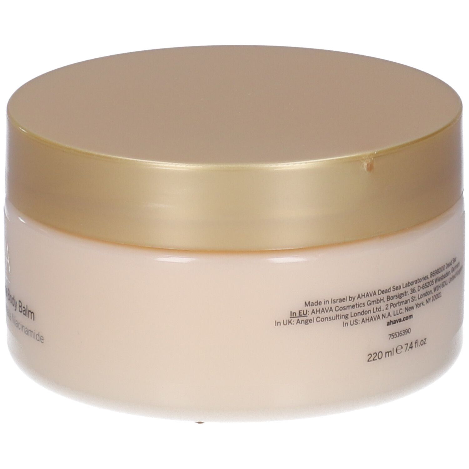 Runder Tiegel mit goldfarbenem Deckel. Auf der Rückseite Text: 220 ml 7.4 fl oz und Herstellerinformationen.
