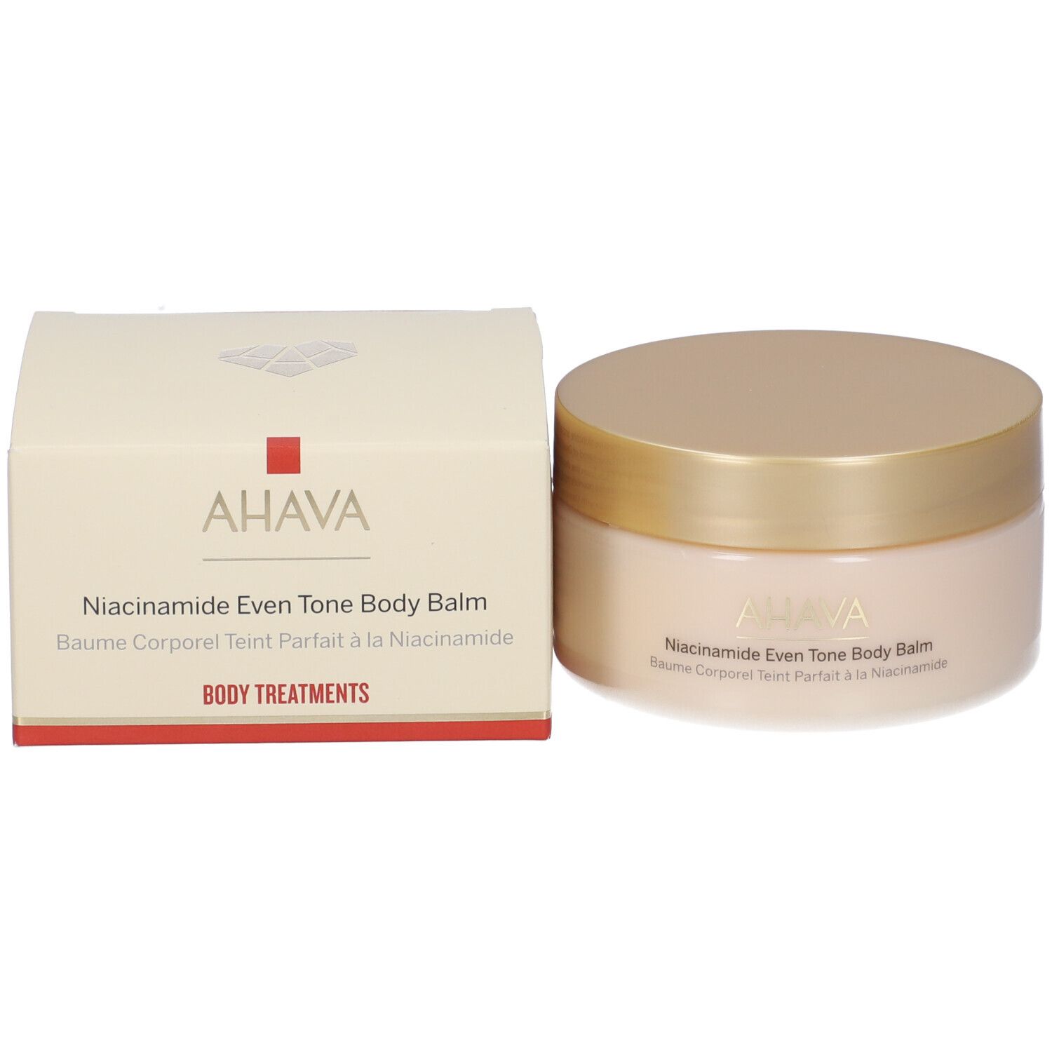 Produktpackung mit Tiegel und Karton. Aufschrift: AHAVA, Niacinamide Even Tone Body Balm, BODY TREATMENTS.