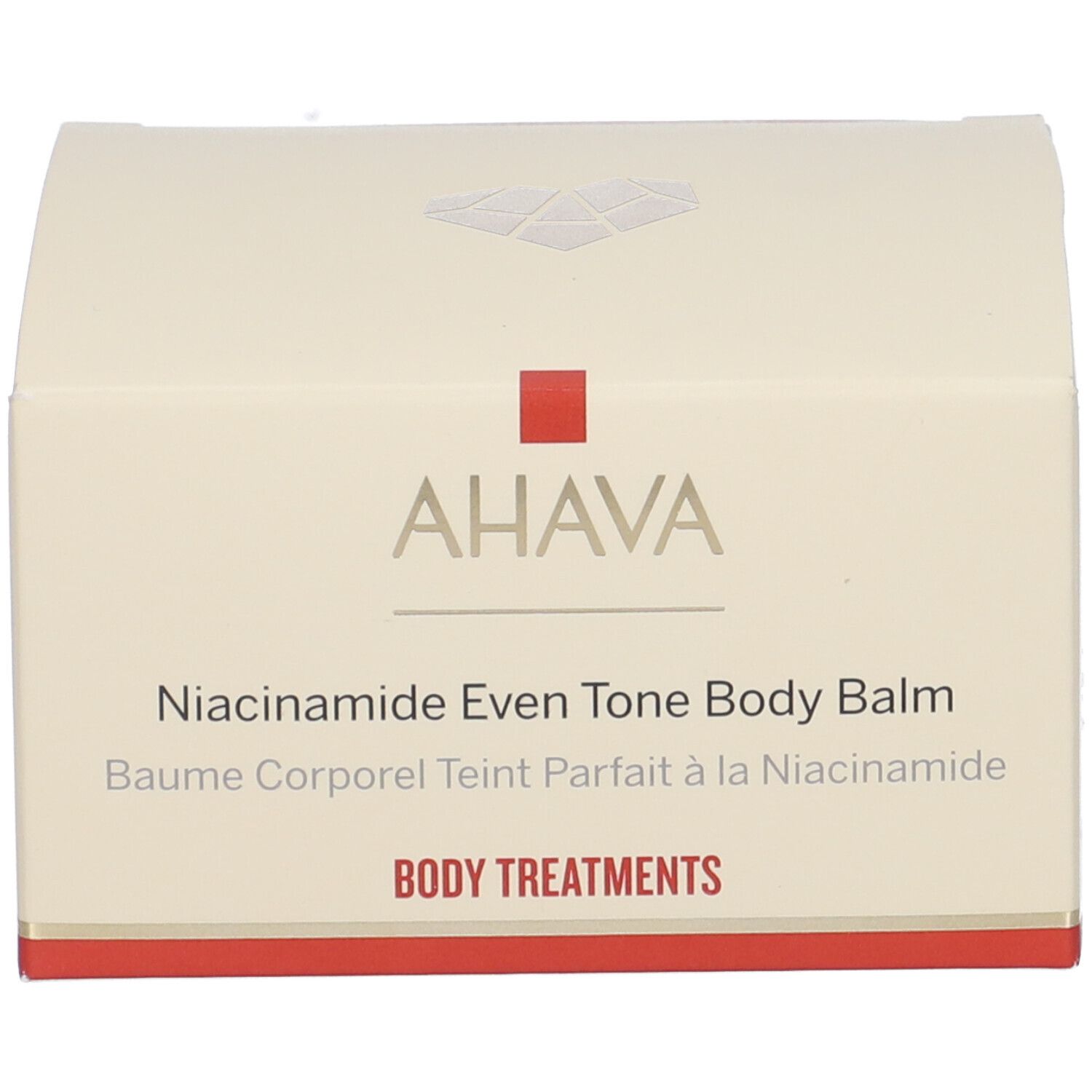 Karton mit Aufschrift: AHAVA, Niacinamide Even Tone Body Balm, Baume Corporel Teint Parfait à la Niacinamide, BODY TREATMENTS.