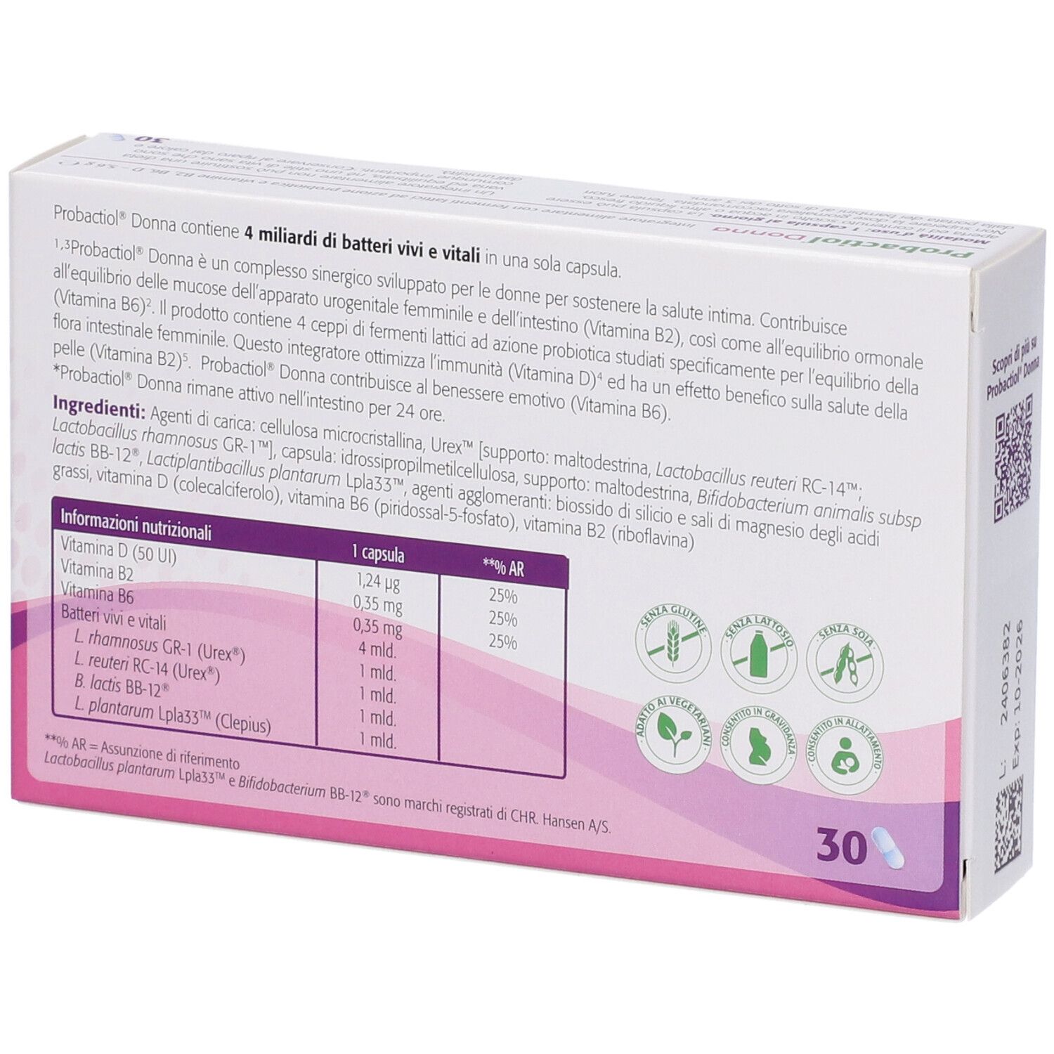 Rückseite der Schachtel Probactiol Donna. Zutatenliste, 30 Kapseln. Weiße und rosa Verpackung.